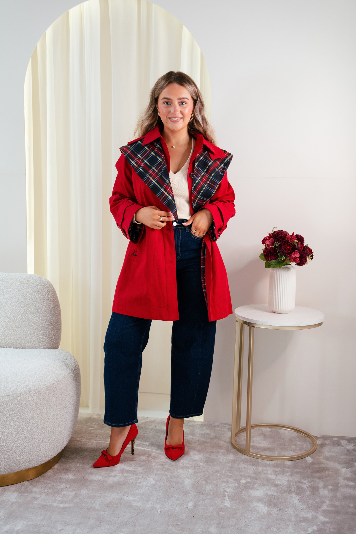 Love Laura Trench Coat With Scarf In Red