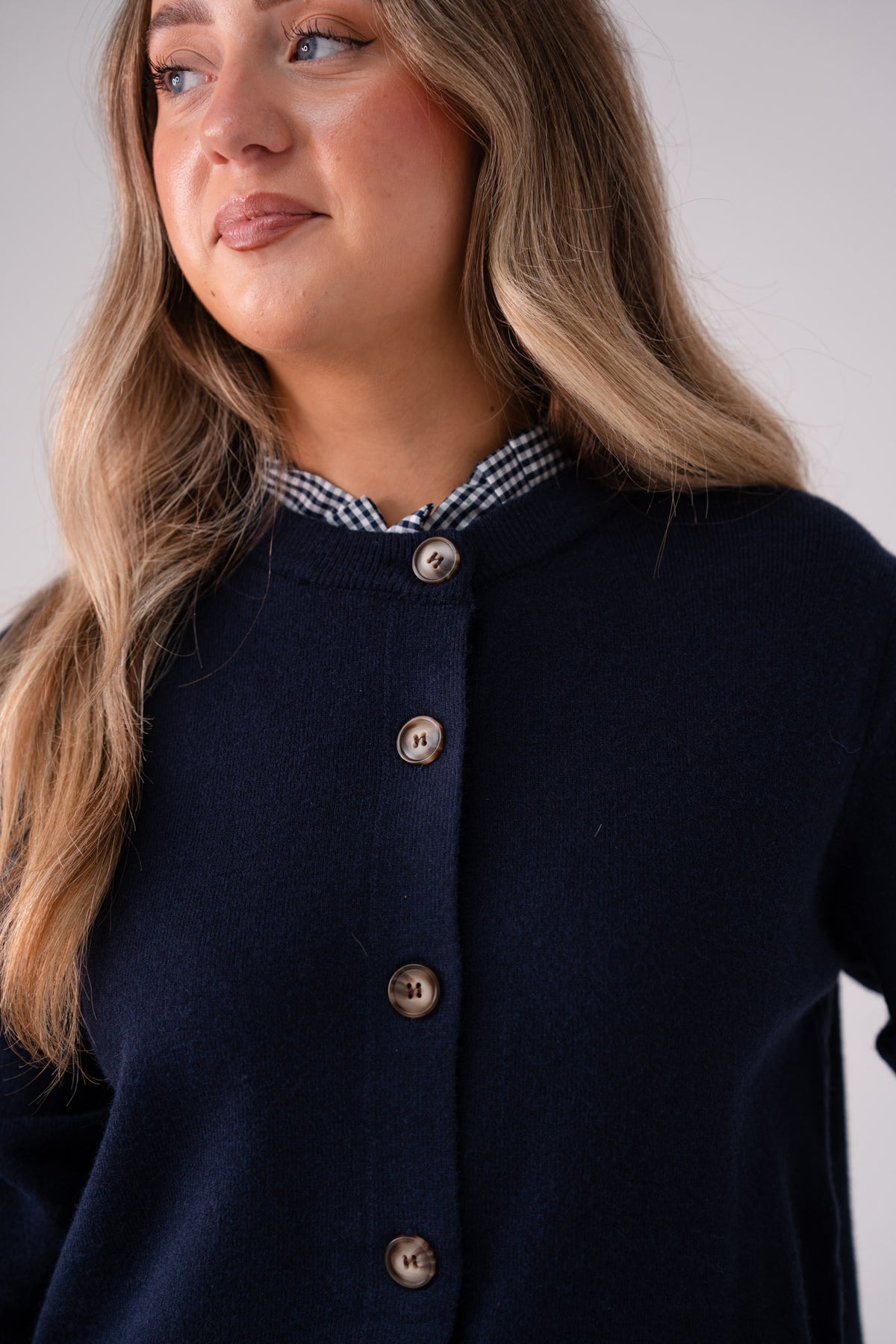 Connie Gingham Collar Cardigan In Navy