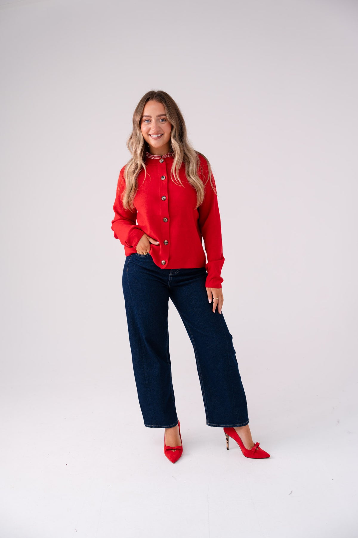Connie Gingham Collar Cardigan In Red