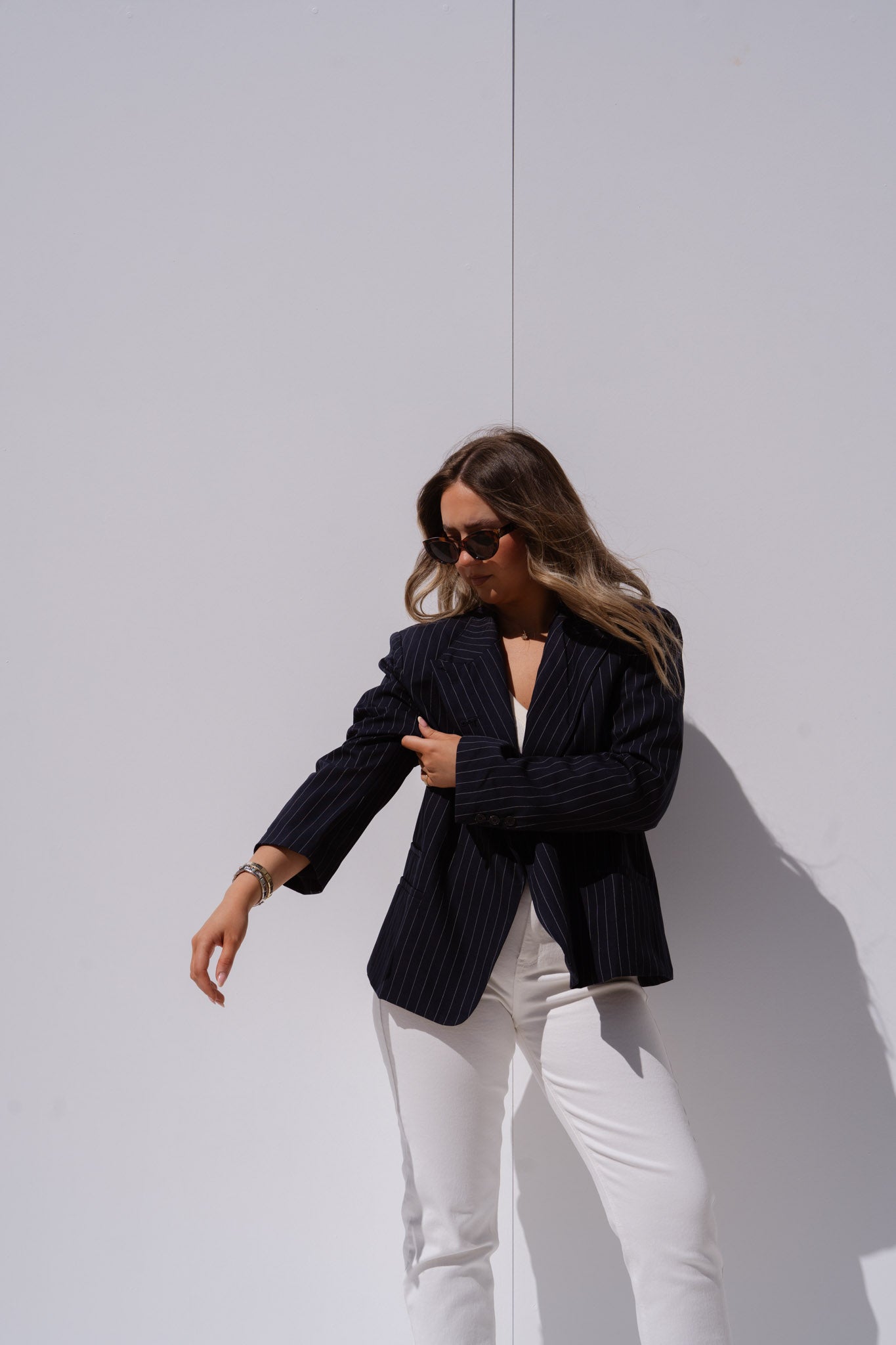 Iris High Collar Pinstripe Blazer In Navy