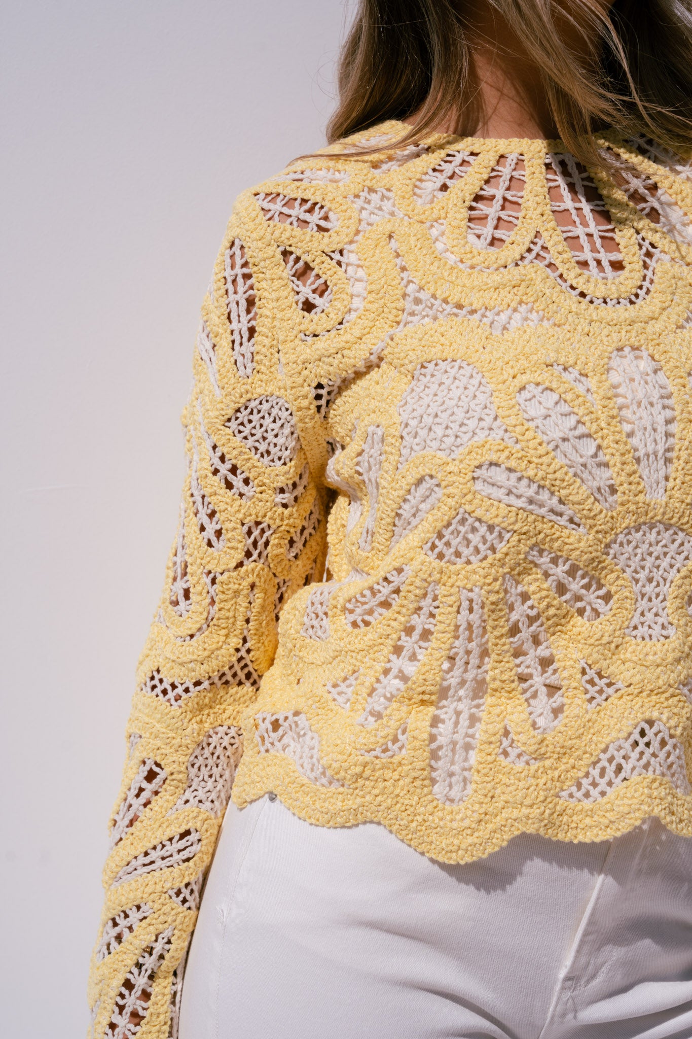Kendra Contrast Crochet Jumper In Yellow