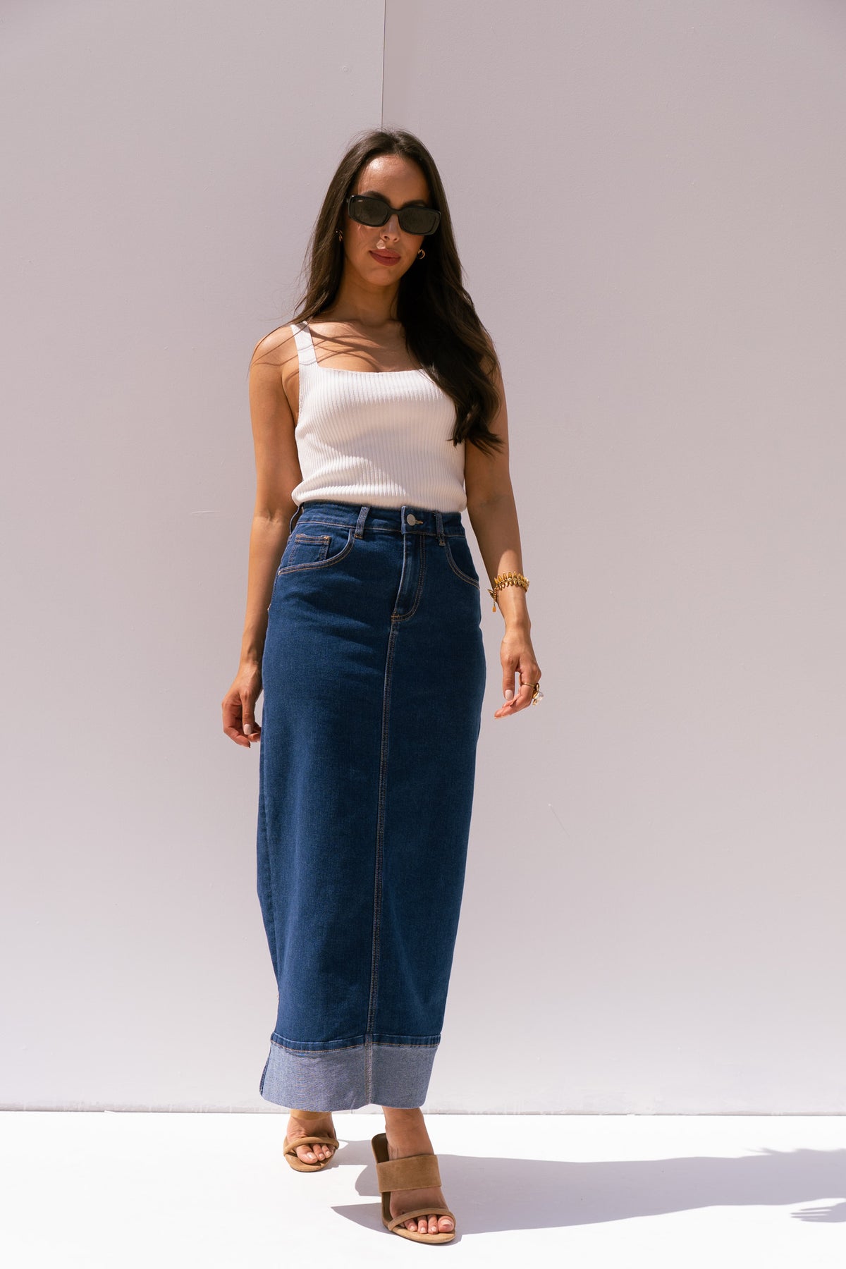 Love Laura Denim Midi Skirt In Dark Wash