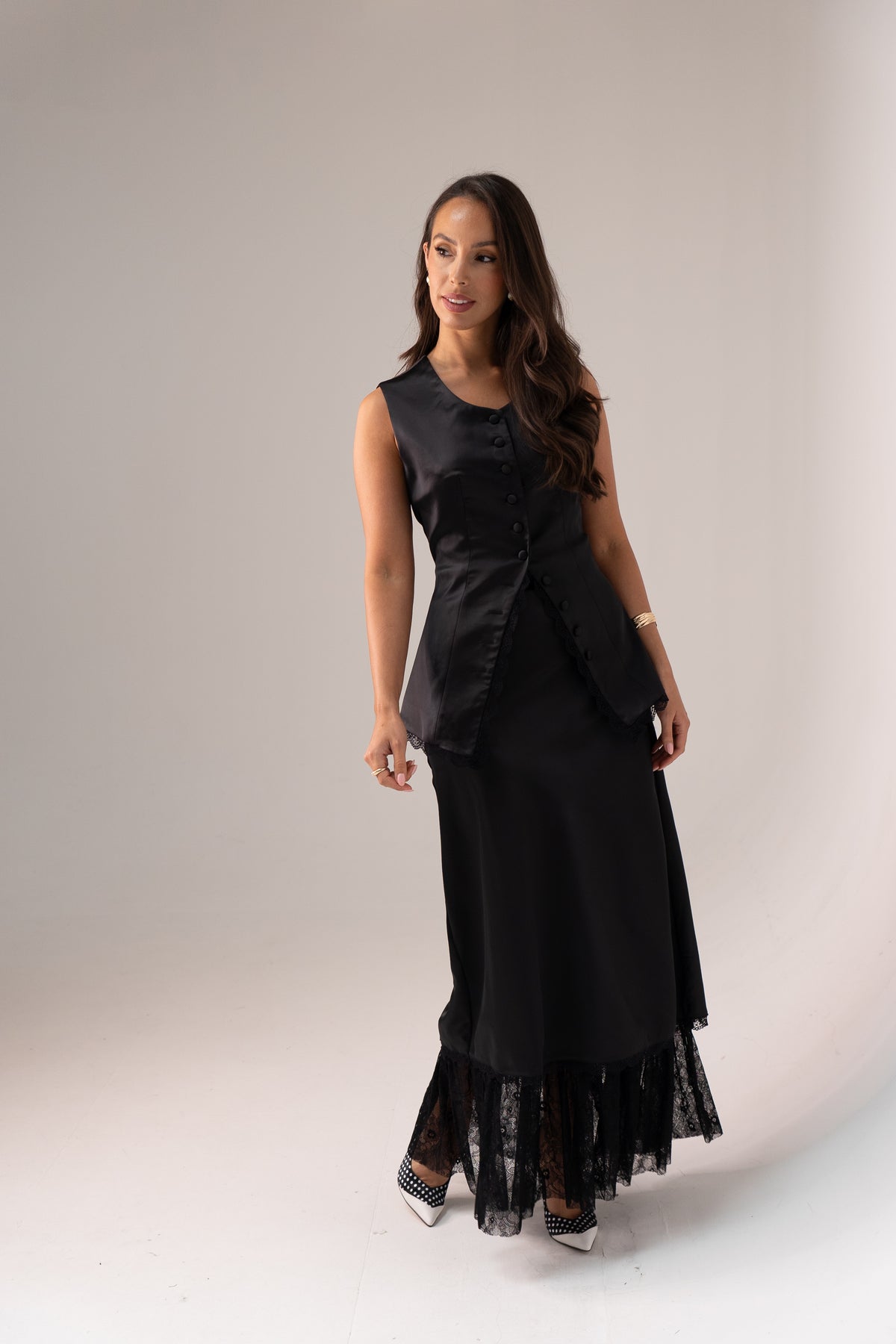 Love Laura Lace Trim Satin Waistcoat In Black