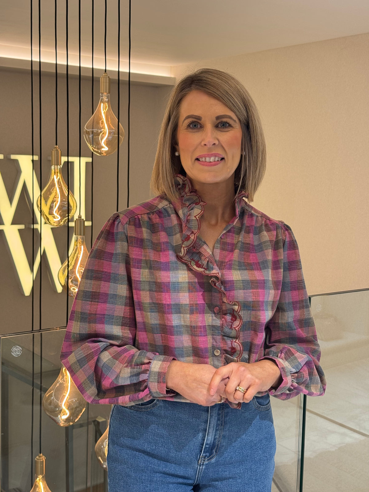 Millie Ruffle Front Check Shirt In Pink Mix