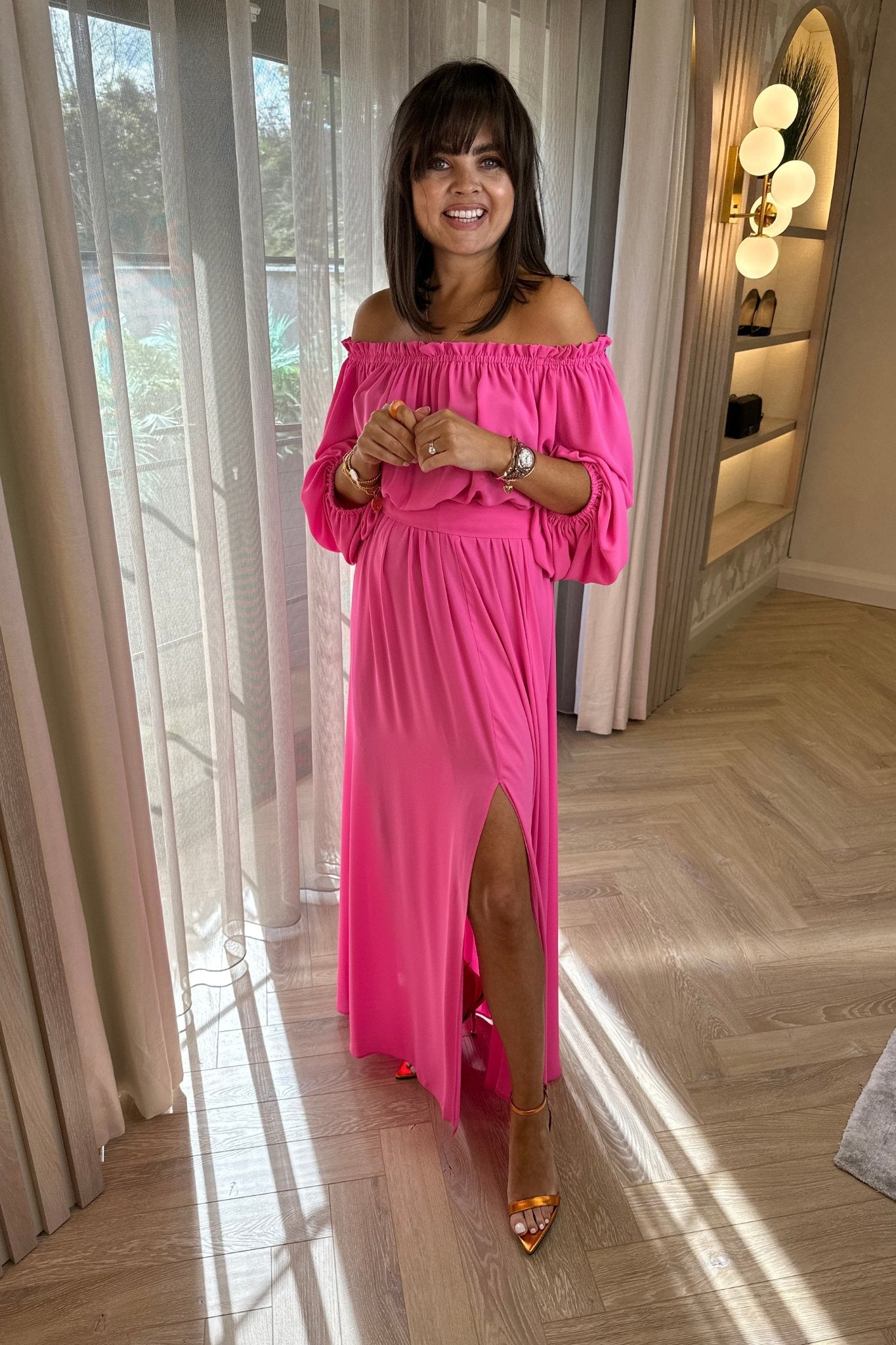 Alana Off Shoulder Maxi Dress In Pink - The Walk in Wardrobe