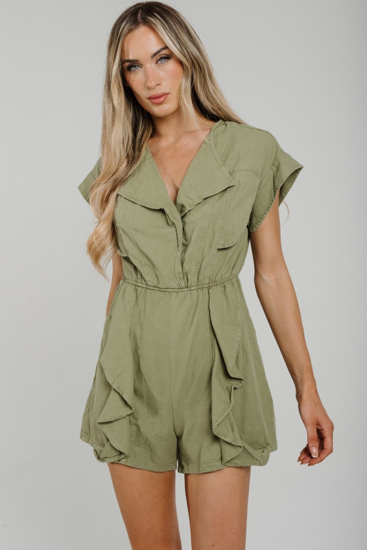 Cora Frill Detail Playsuit In Khaki - The Walk in Wardrobe