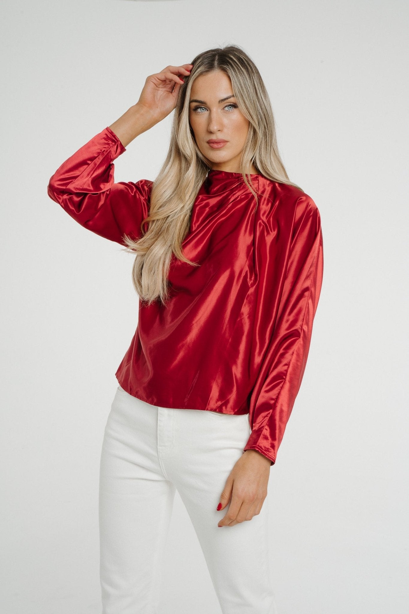 Daisy Drape Satin Top In Red - The Walk in Wardrobe