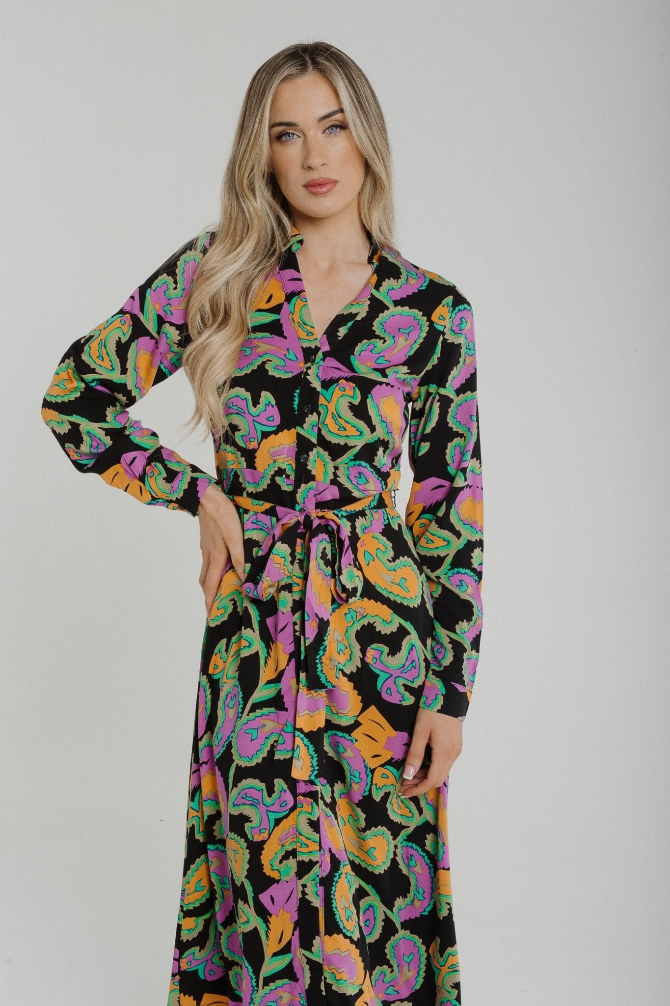 Penny Tie Waist Shirt Dress In Black Multi - The Walk in Wardrobe