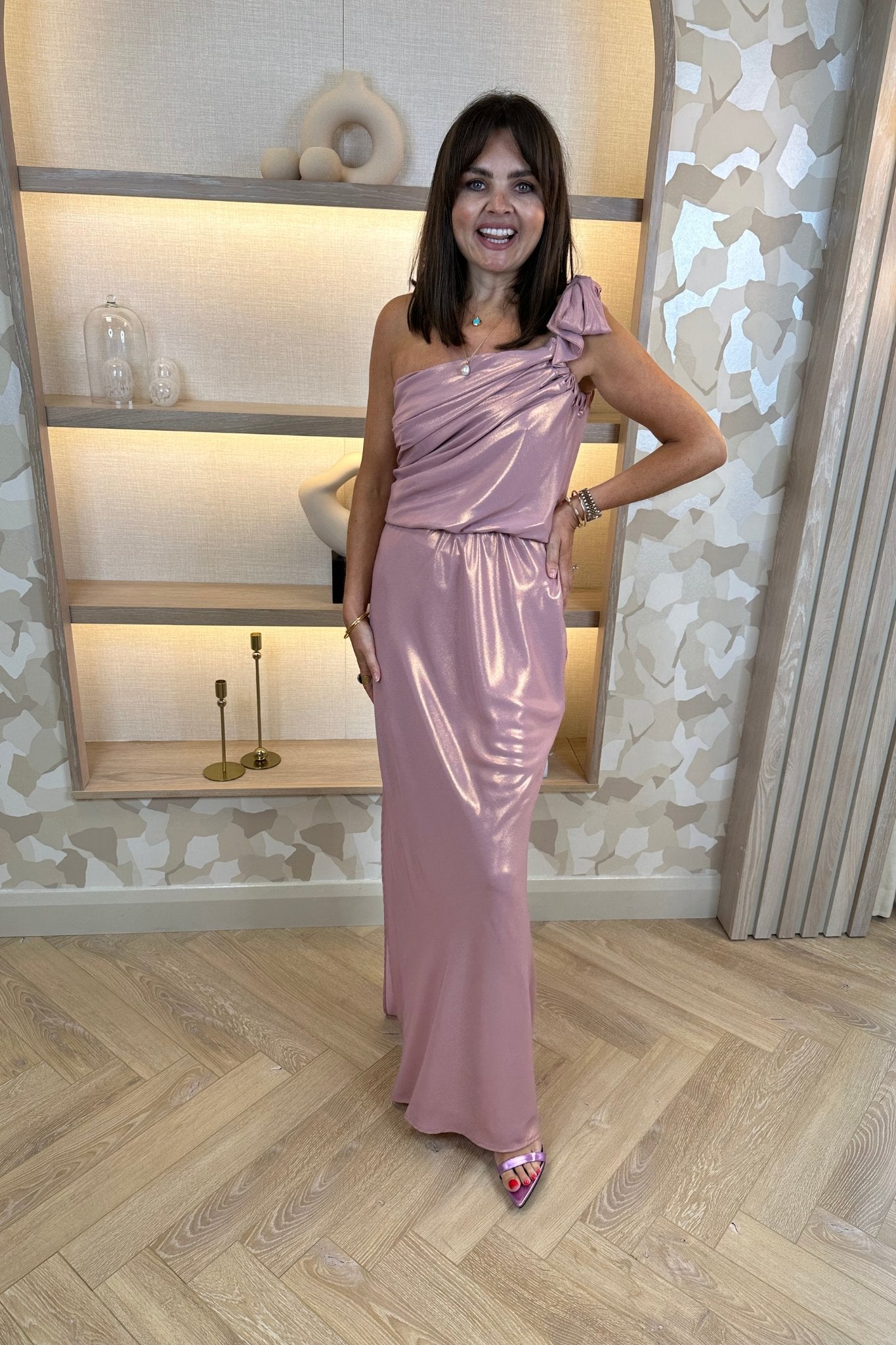 Pia Shimmer One Shoulder Dress In Blush - The Walk in Wardrobe