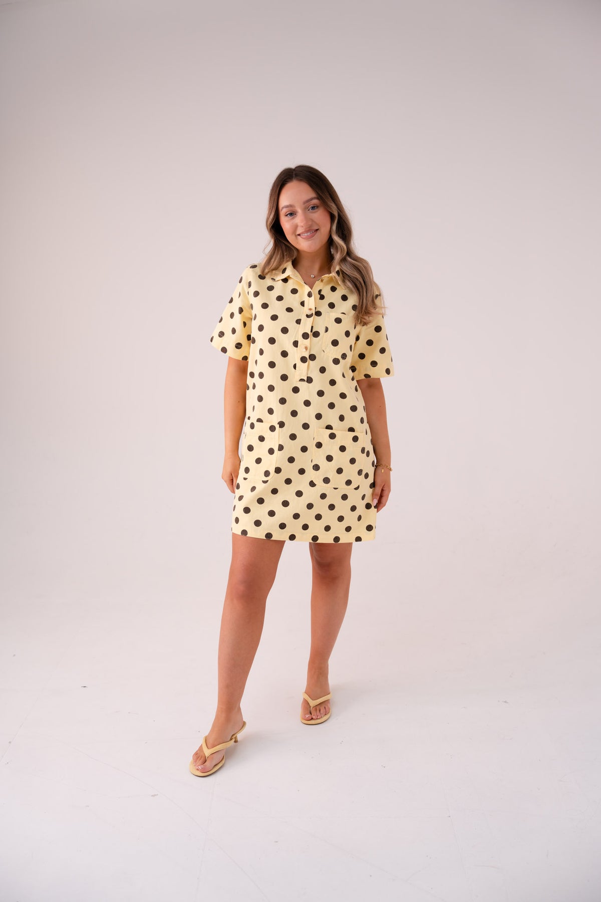 Kiera Spotted Denim T-Shirt Dress In Yellow