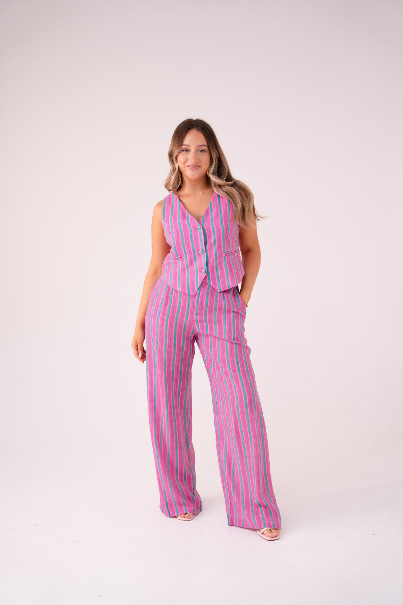 Elsa Stripe Waistcoat In Pink Mix