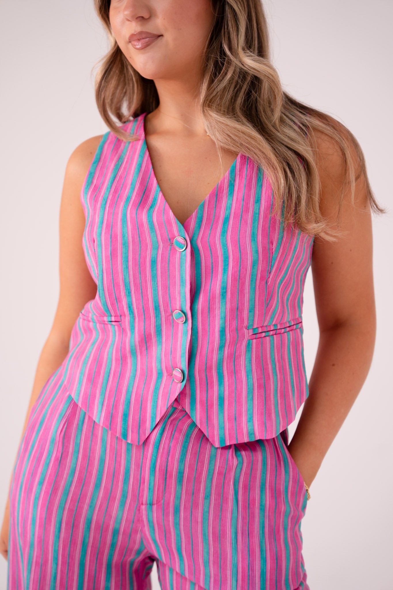 Elsa Stripe Waistcoat In Pink Mix