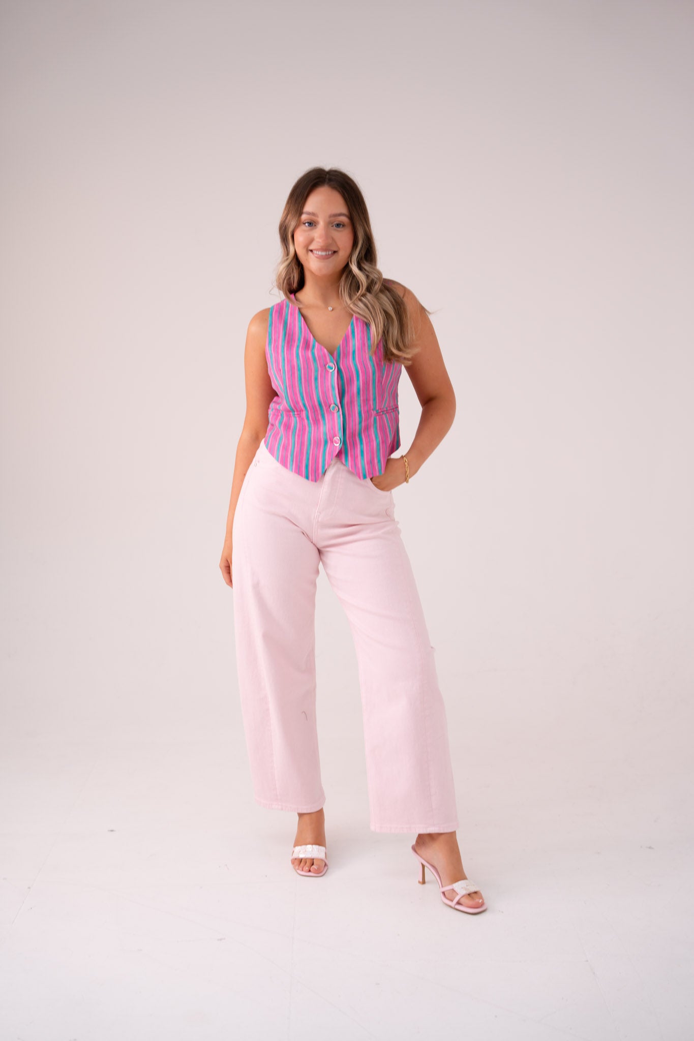 Elsa Stripe Waistcoat In Pink Mix