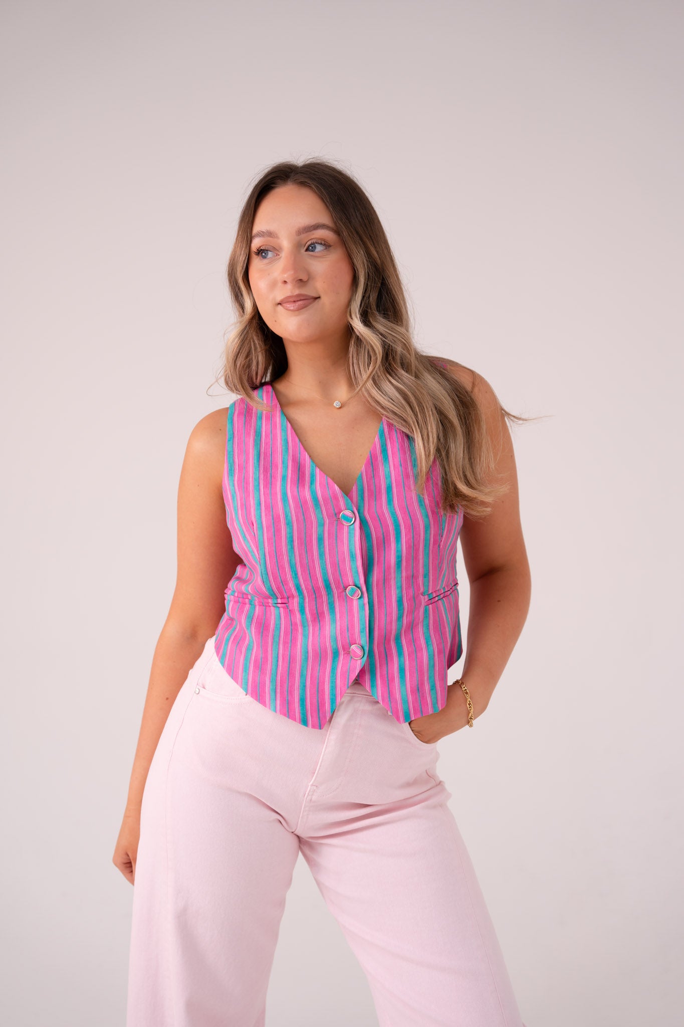Elsa Stripe Waistcoat In Pink Mix