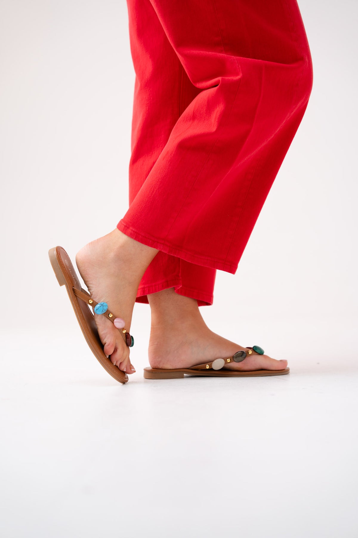Cathy Beaded Flip Flop In Camel Multi