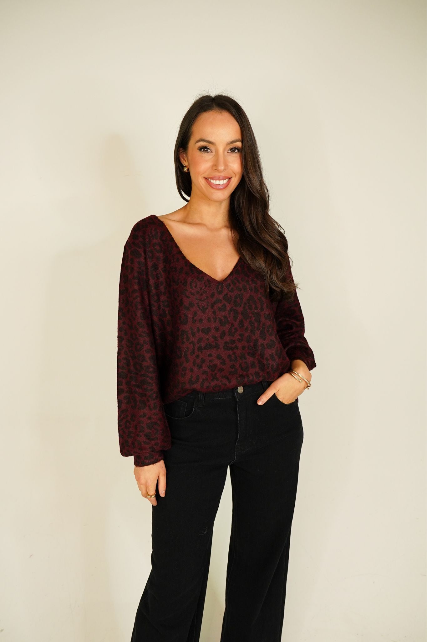 Kendra Leopard Print Jumper In Bordeaux