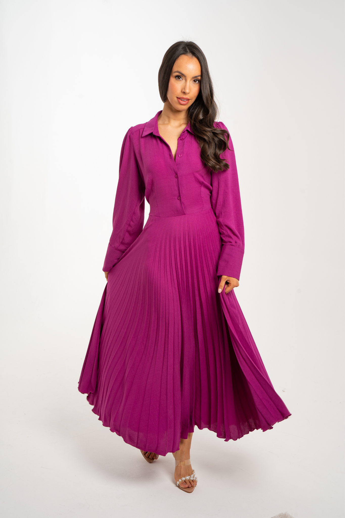 Celine Pleated Shirt Dress In Fuchsia