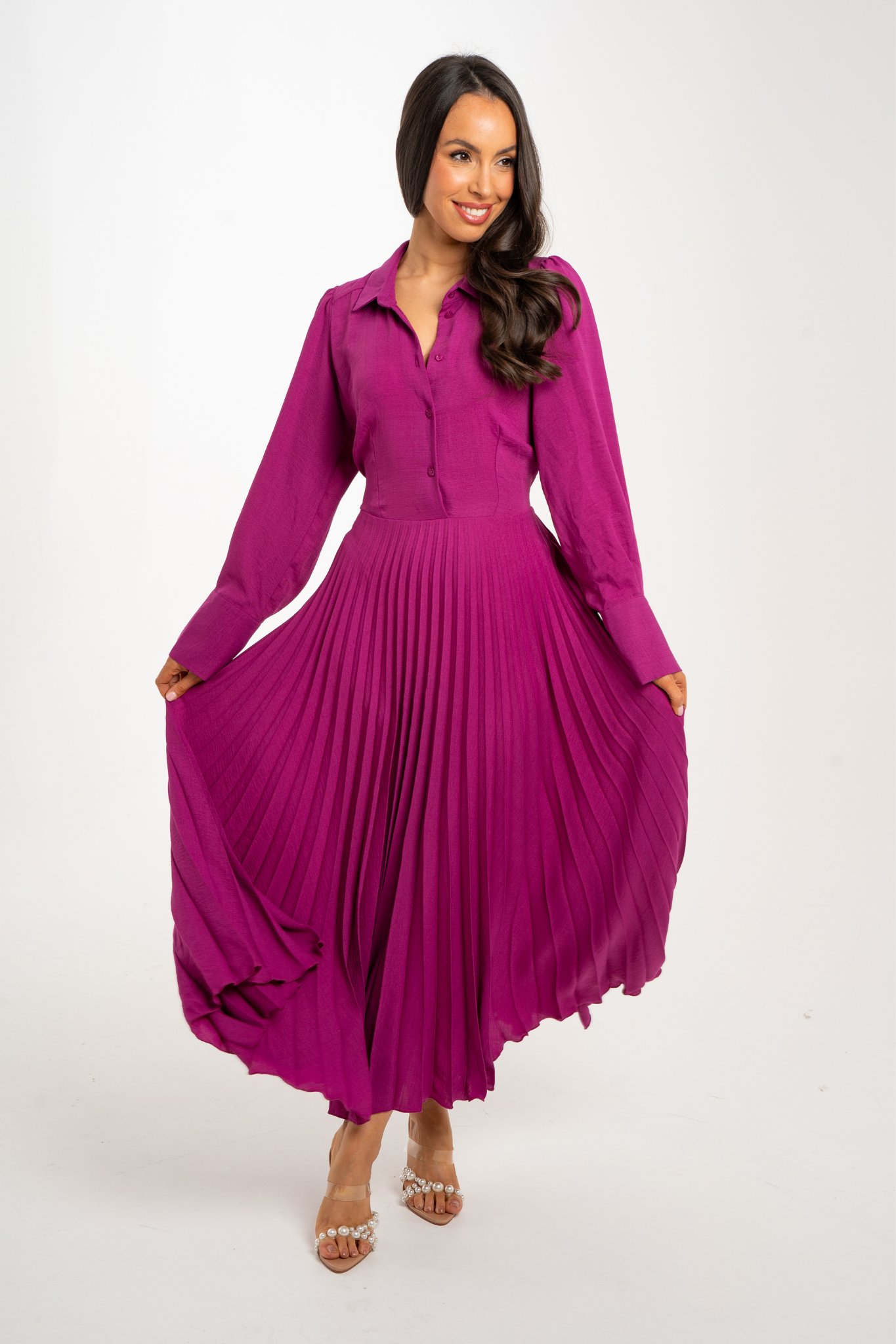 Celine Pleated Shirt Dress In Fuchsia