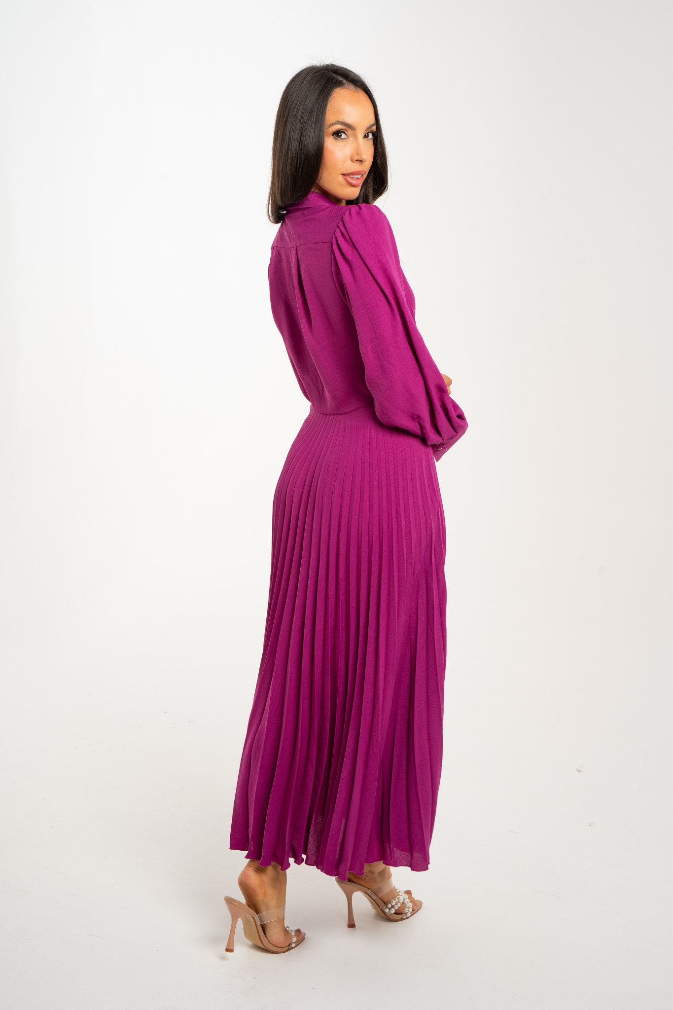 Celine Pleated Shirt Dress In Fuchsia