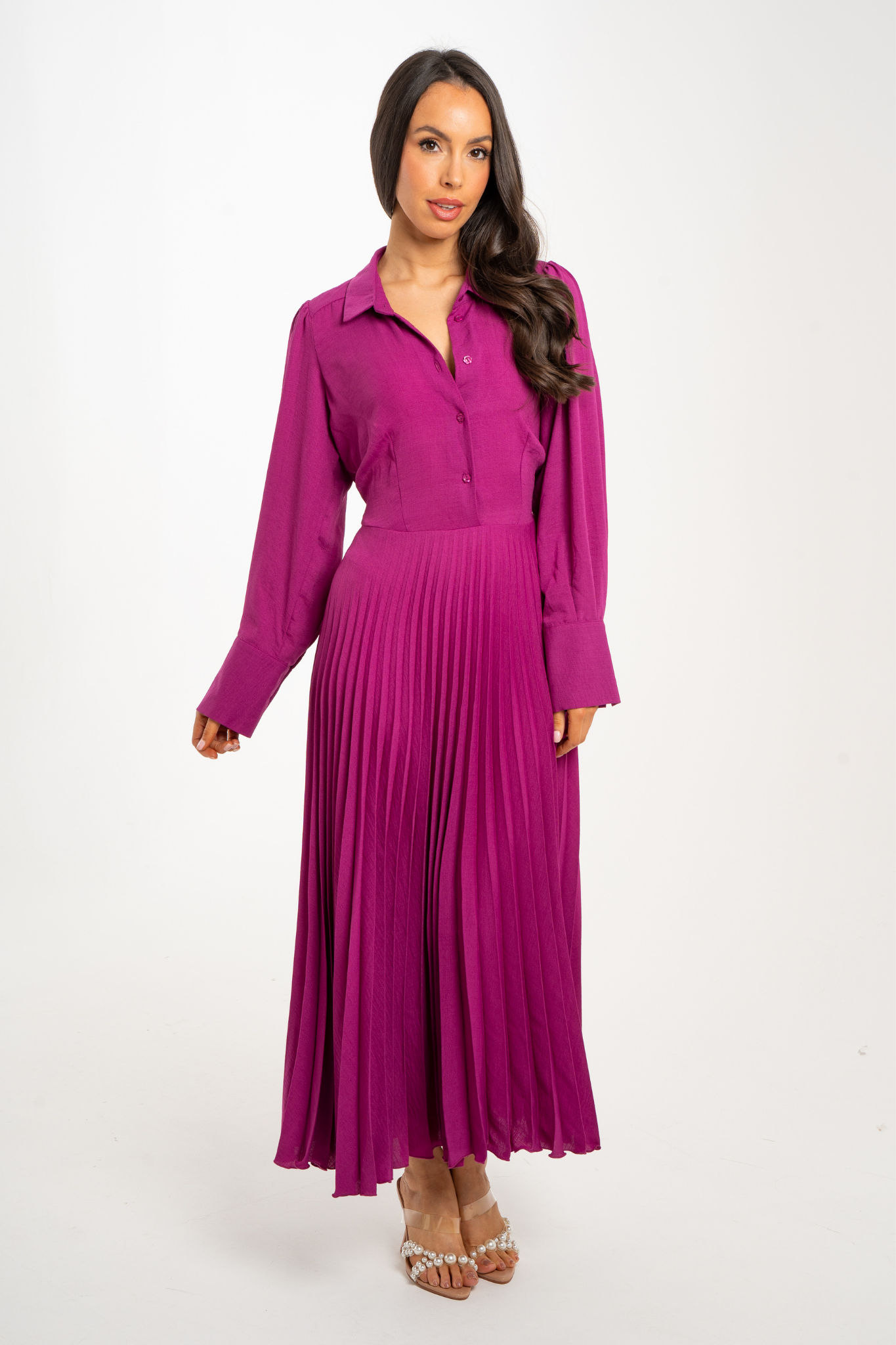 Celine Pleated Shirt Dress In Fuchsia