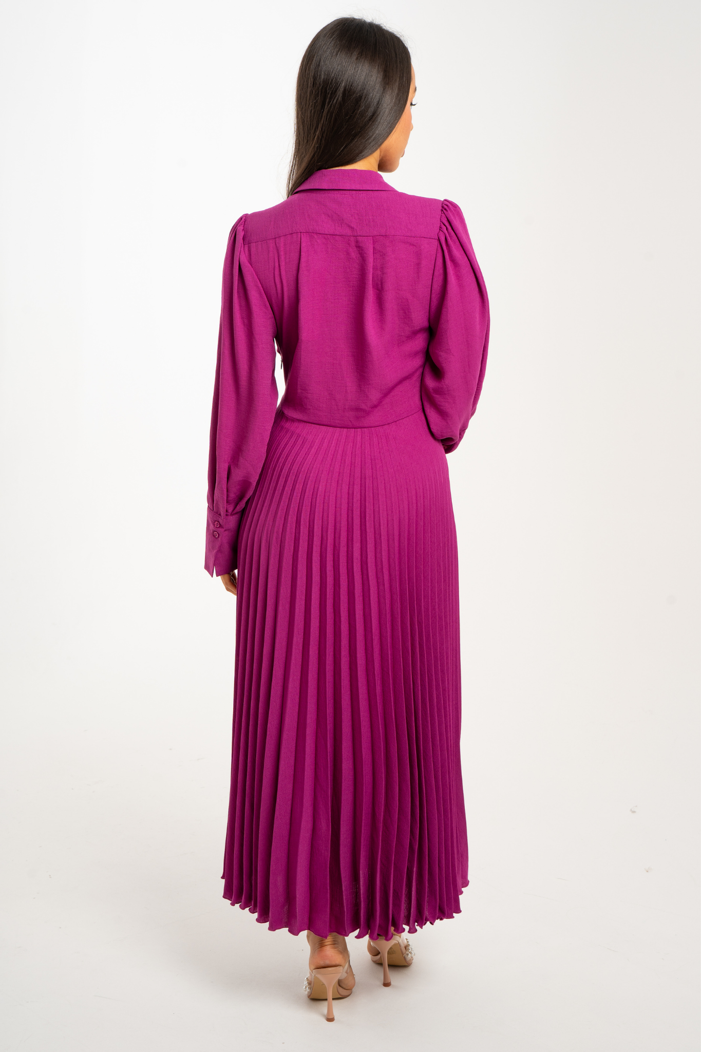 Celine Pleated Shirt Dress In Fuchsia