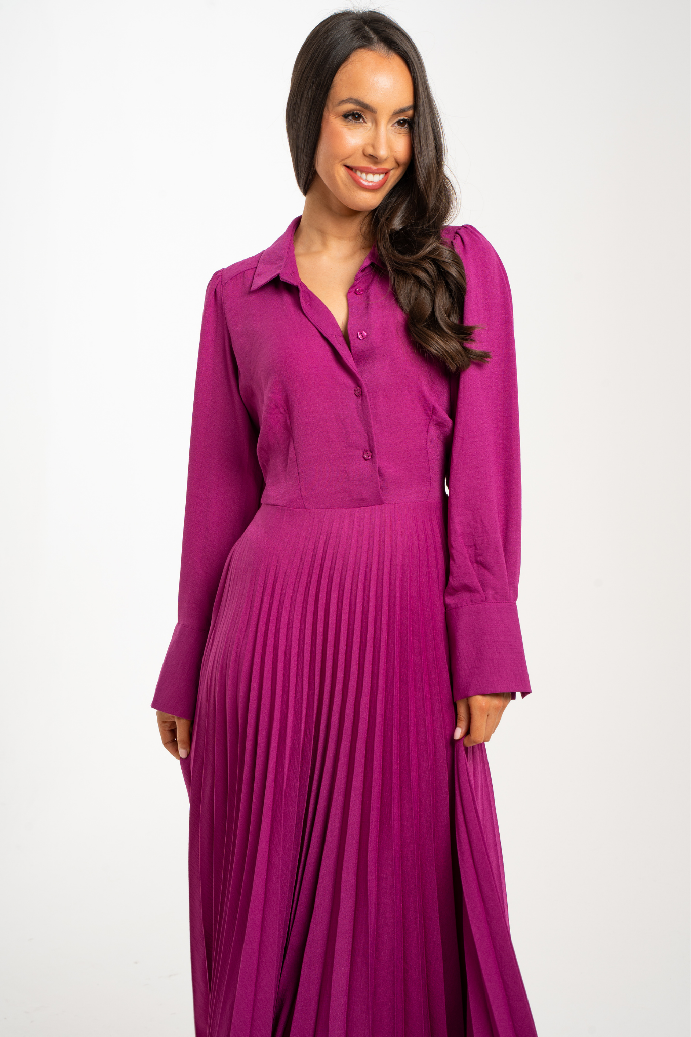 Celine Pleated Shirt Dress In Fuchsia