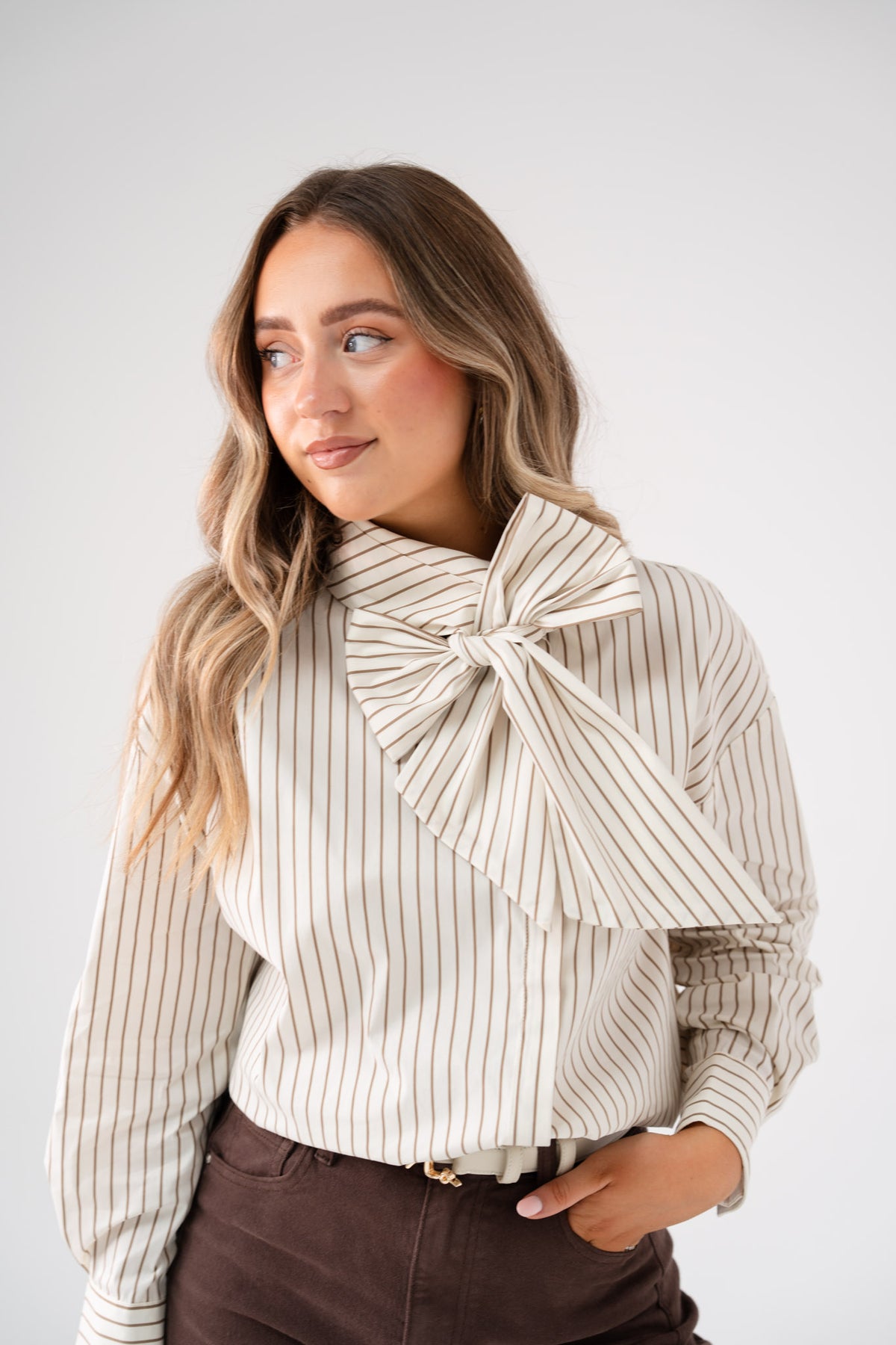 Love Laura Pinstripe Bow Blouse In Nude