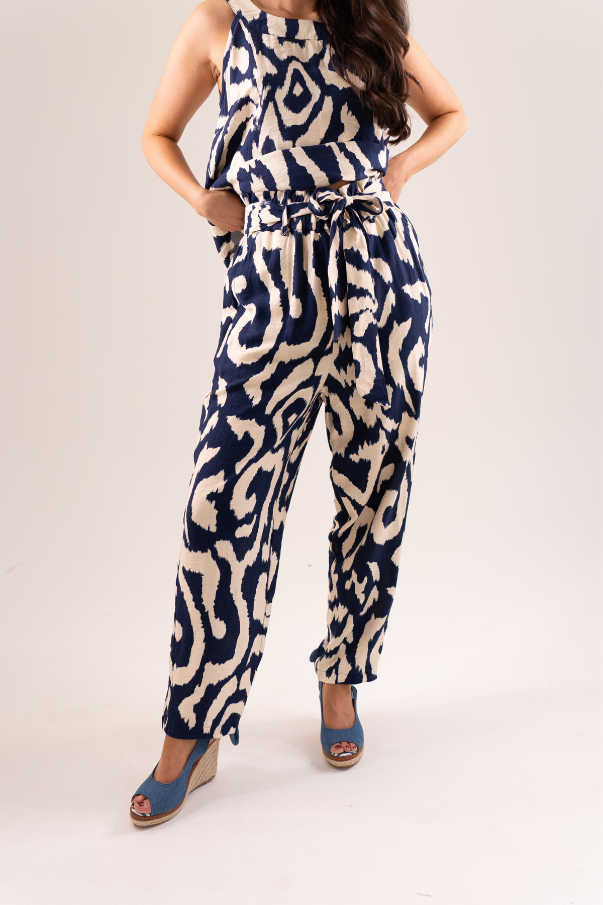 Becca Printed Paper Bag Trousers In Navy Mix