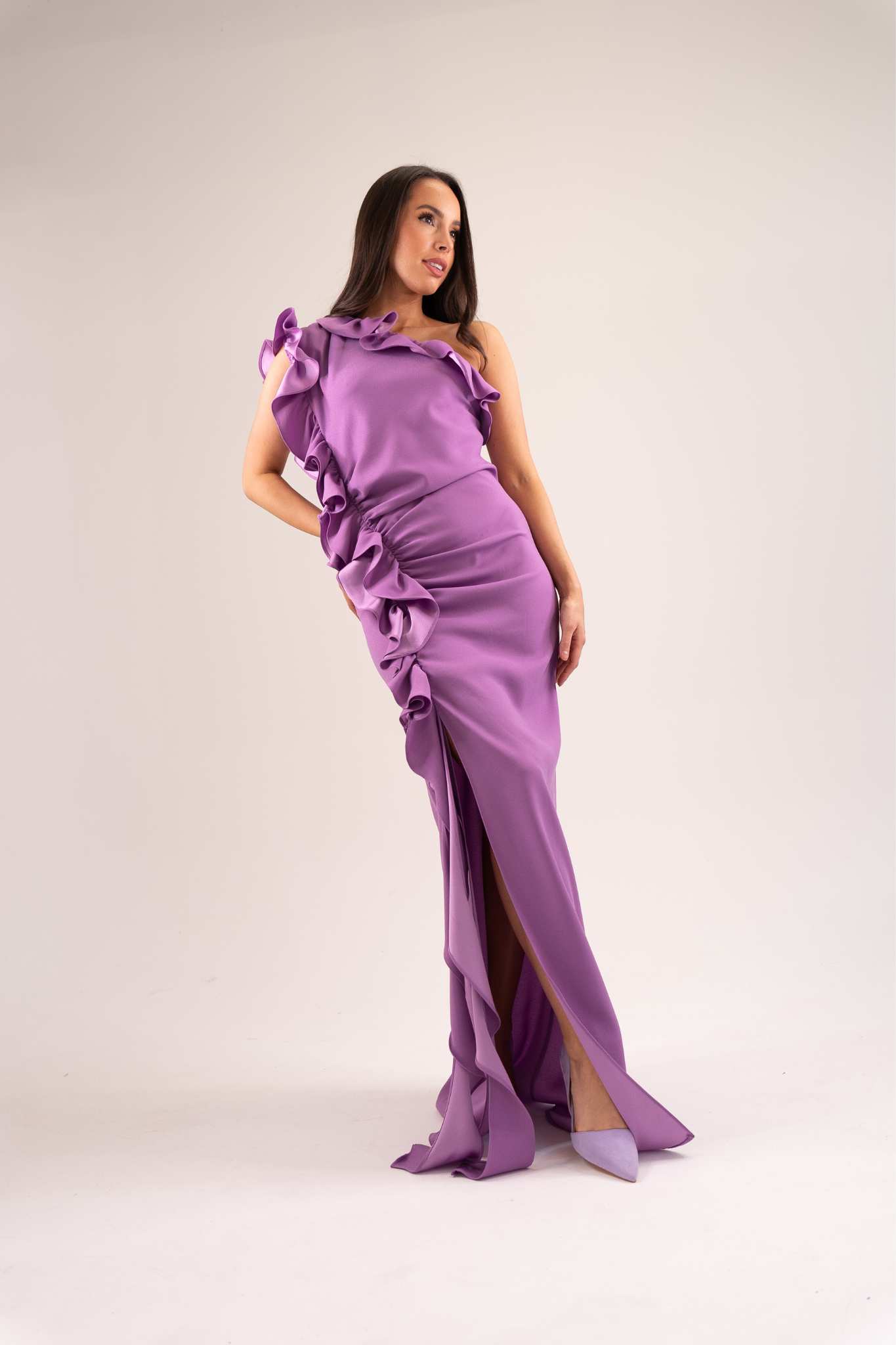 Kayla One Shoulder Ruffle Dress In Lavender