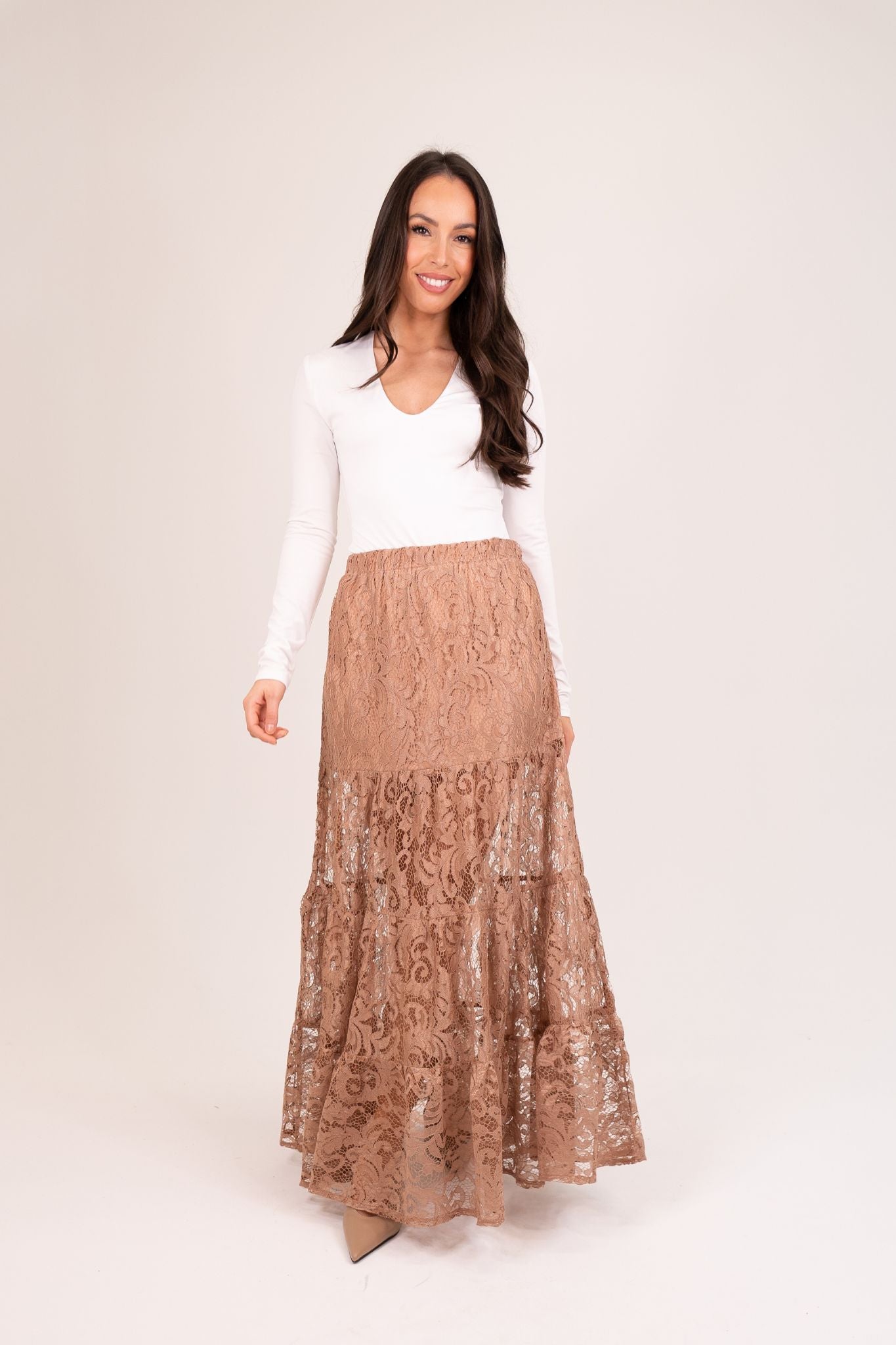 Elsa Tiered Lace Maxi Skirt In Taupe