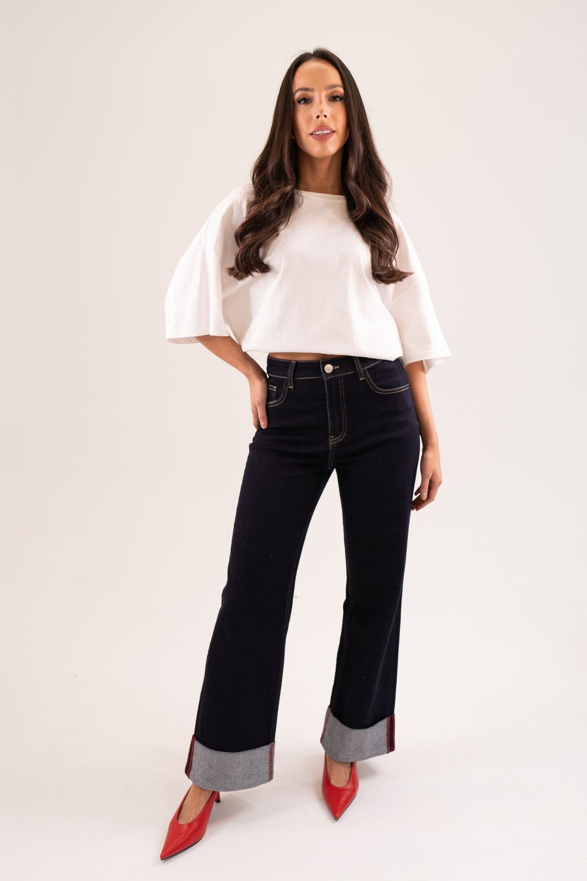Love Laura Red Trim Turn Up Jeans In Dark Wash