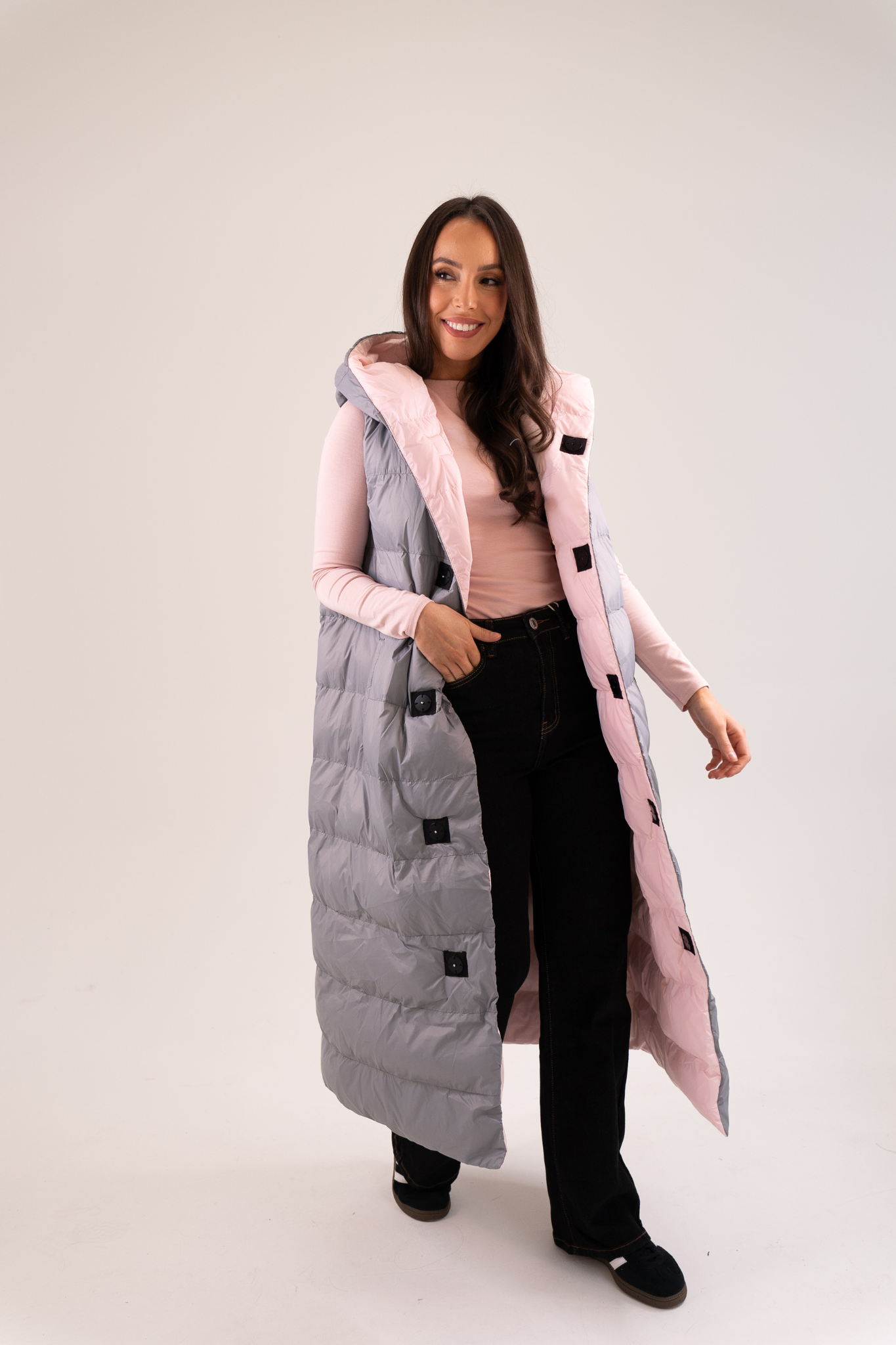 Love Laura Reversible Gilet In Grey & Pink