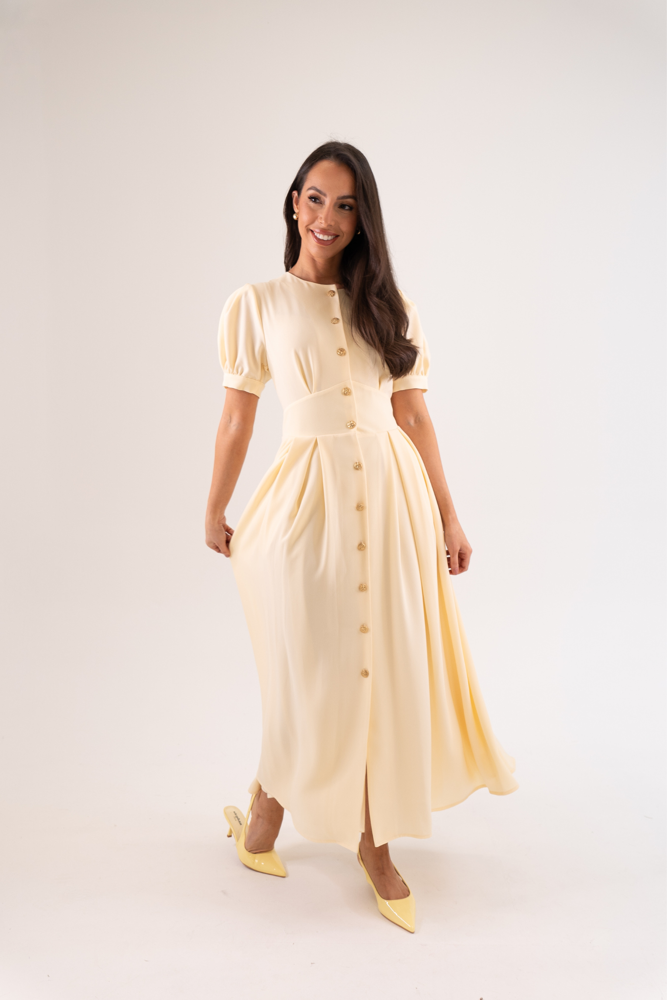Eva Pleated Shirt Dress In Cream