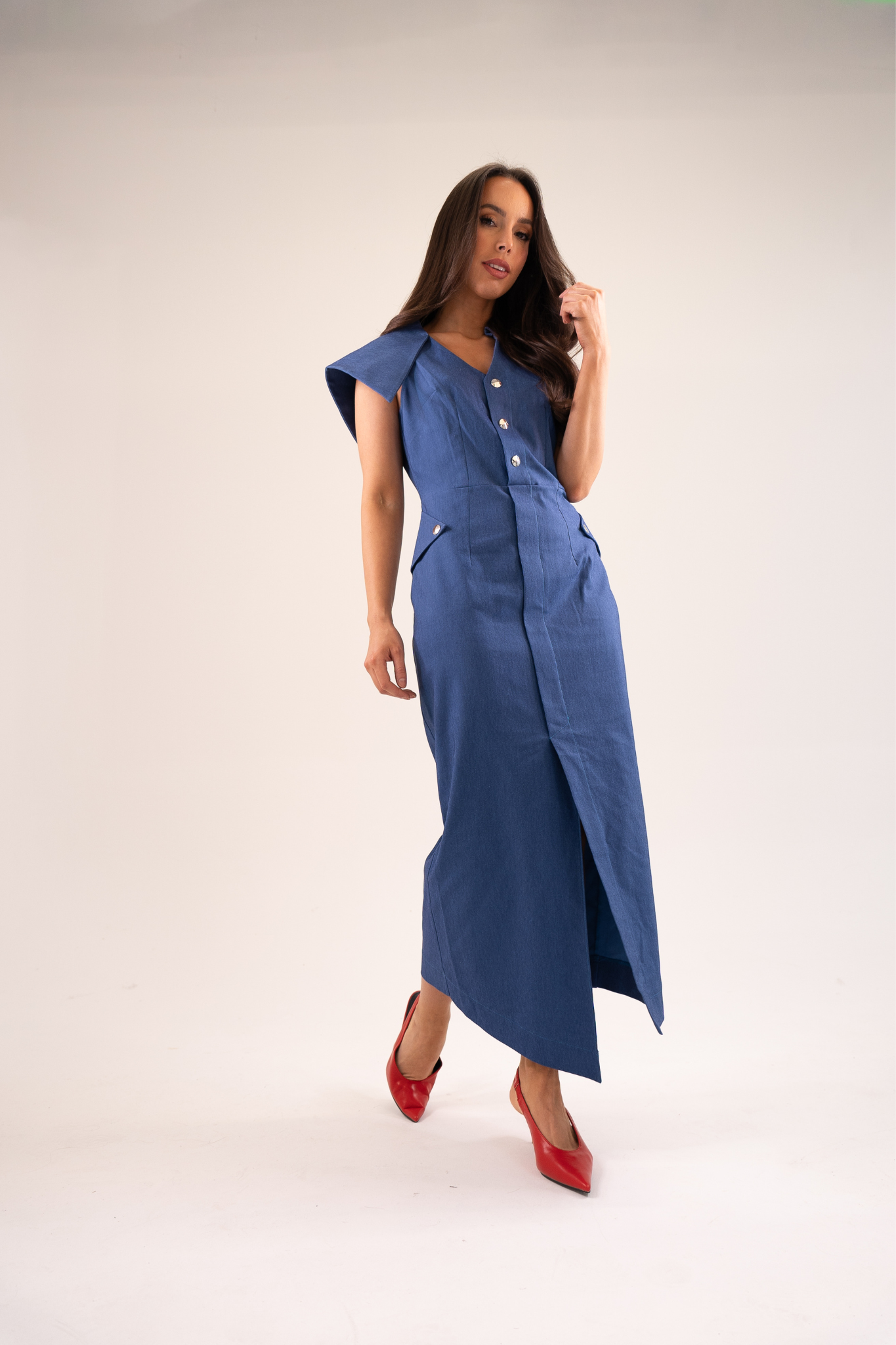 Kayla Asymmetric Collar Dress In Dark Denim