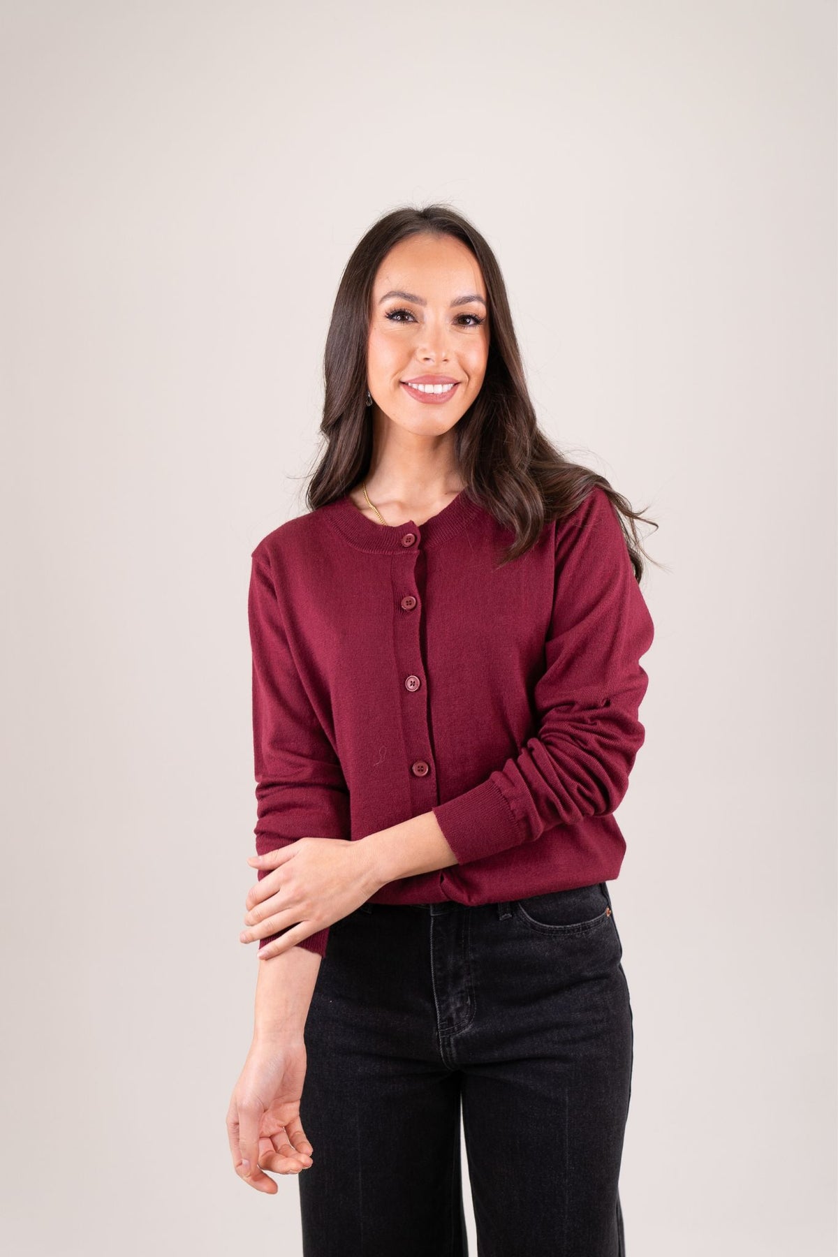 Elsa Round Neck Cardigan In Bordeaux