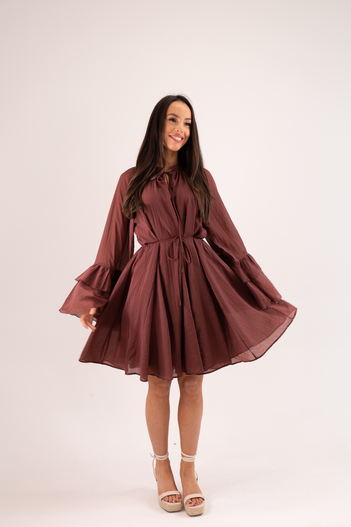 Elsa Ruffle Sleeve Dress In Rust