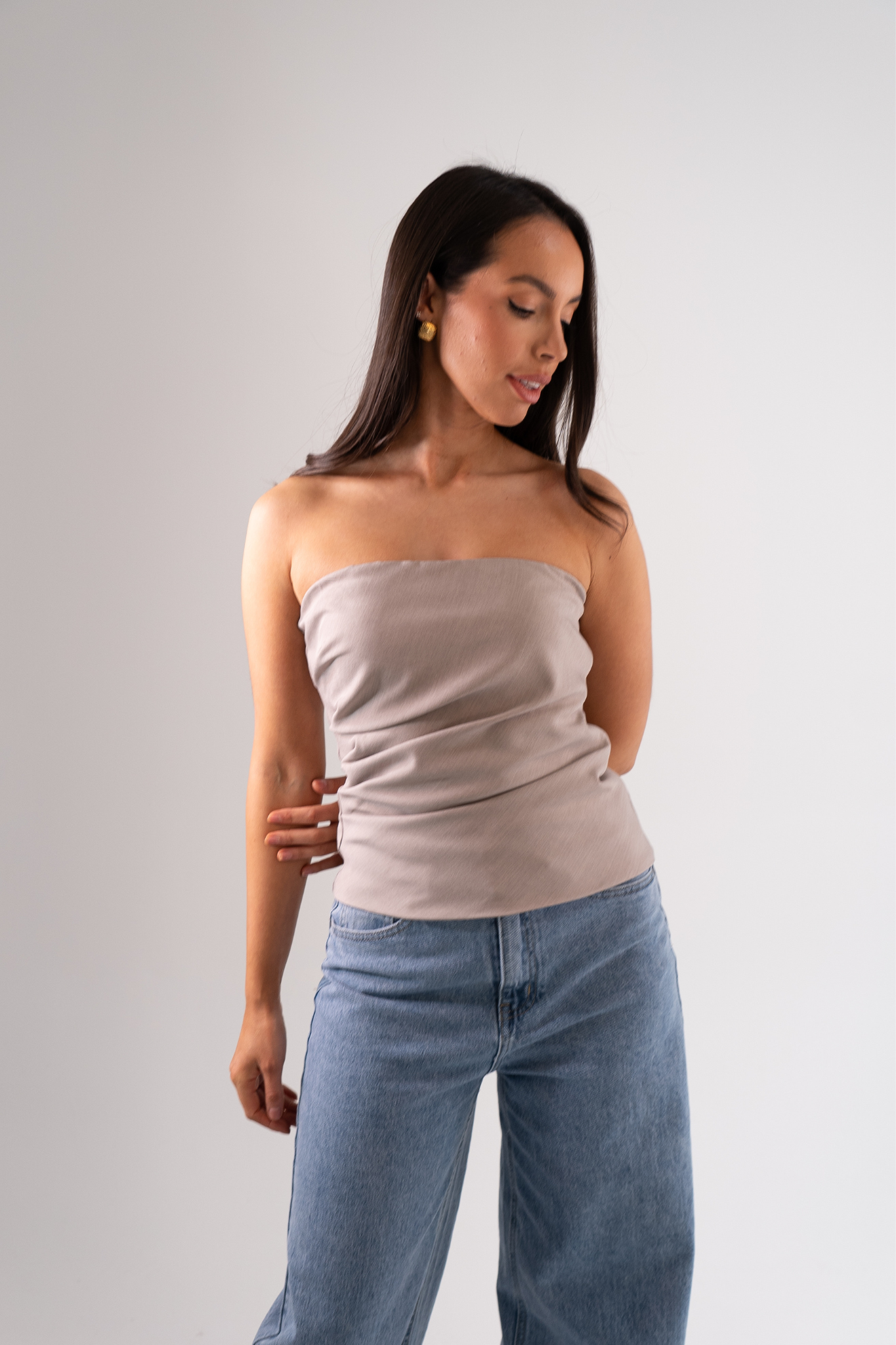 Erica Draped Strapless Top In Taupe