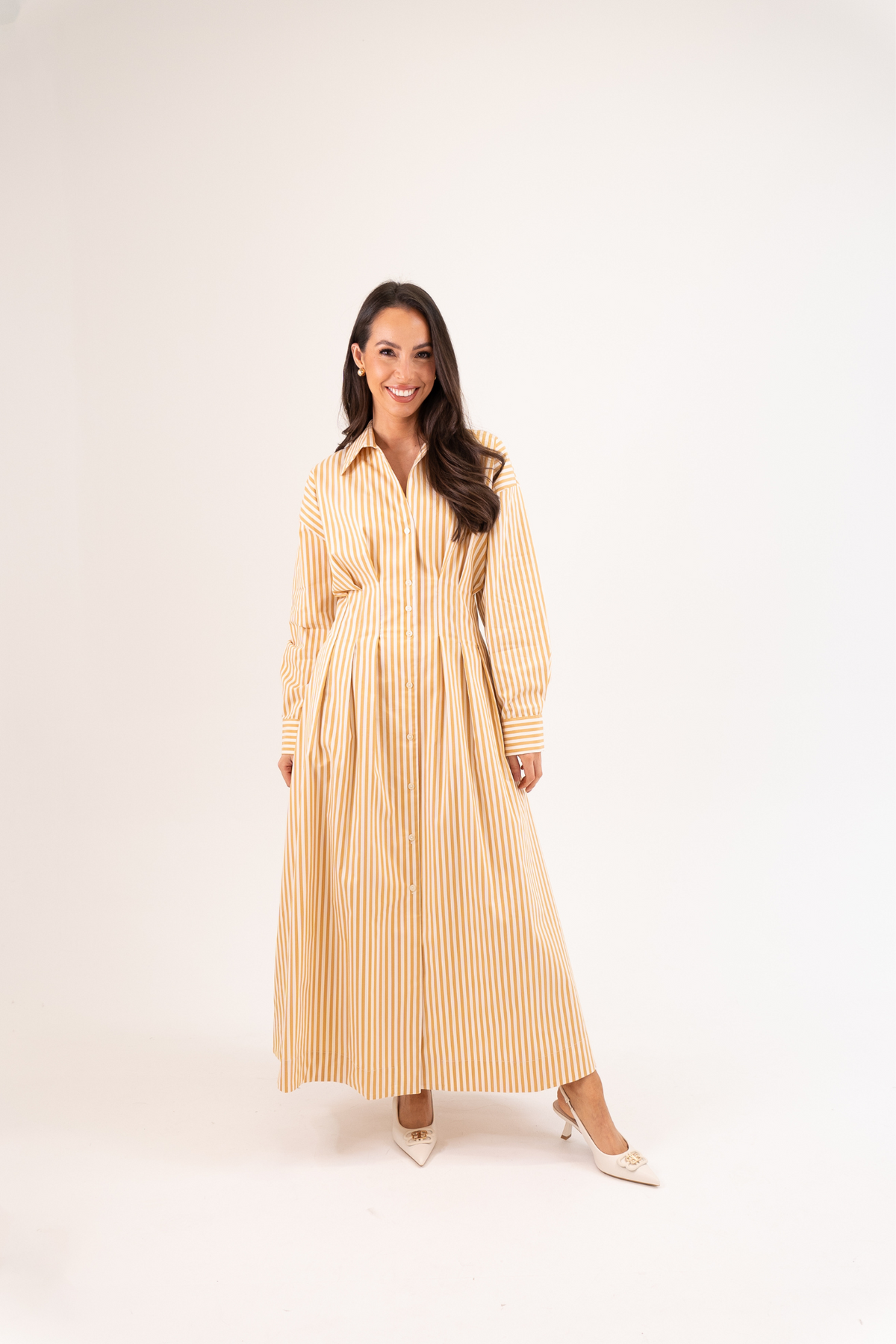 Eva Stripe Shirt Dress In Tan Mix
