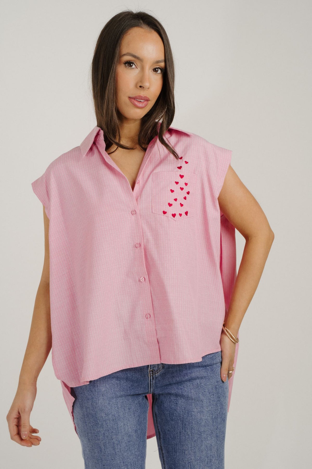 Millie Pinstripe Sleeveless Shirt In Pink