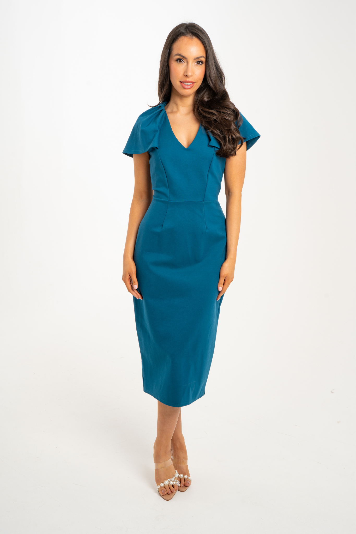 Celine Pleated Shoulder Dress In Teal