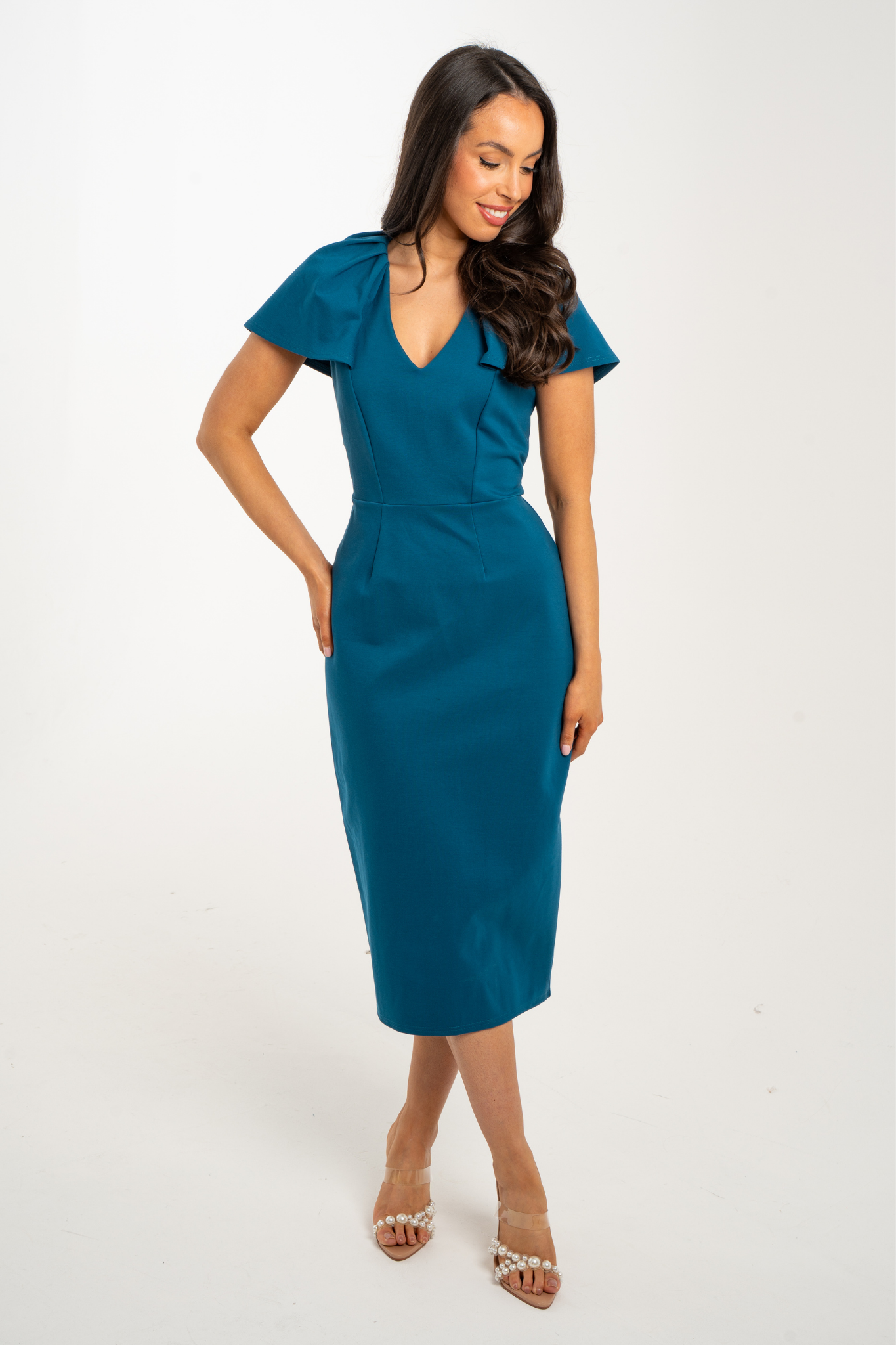 Celine Pleated Shoulder Dress In Teal
