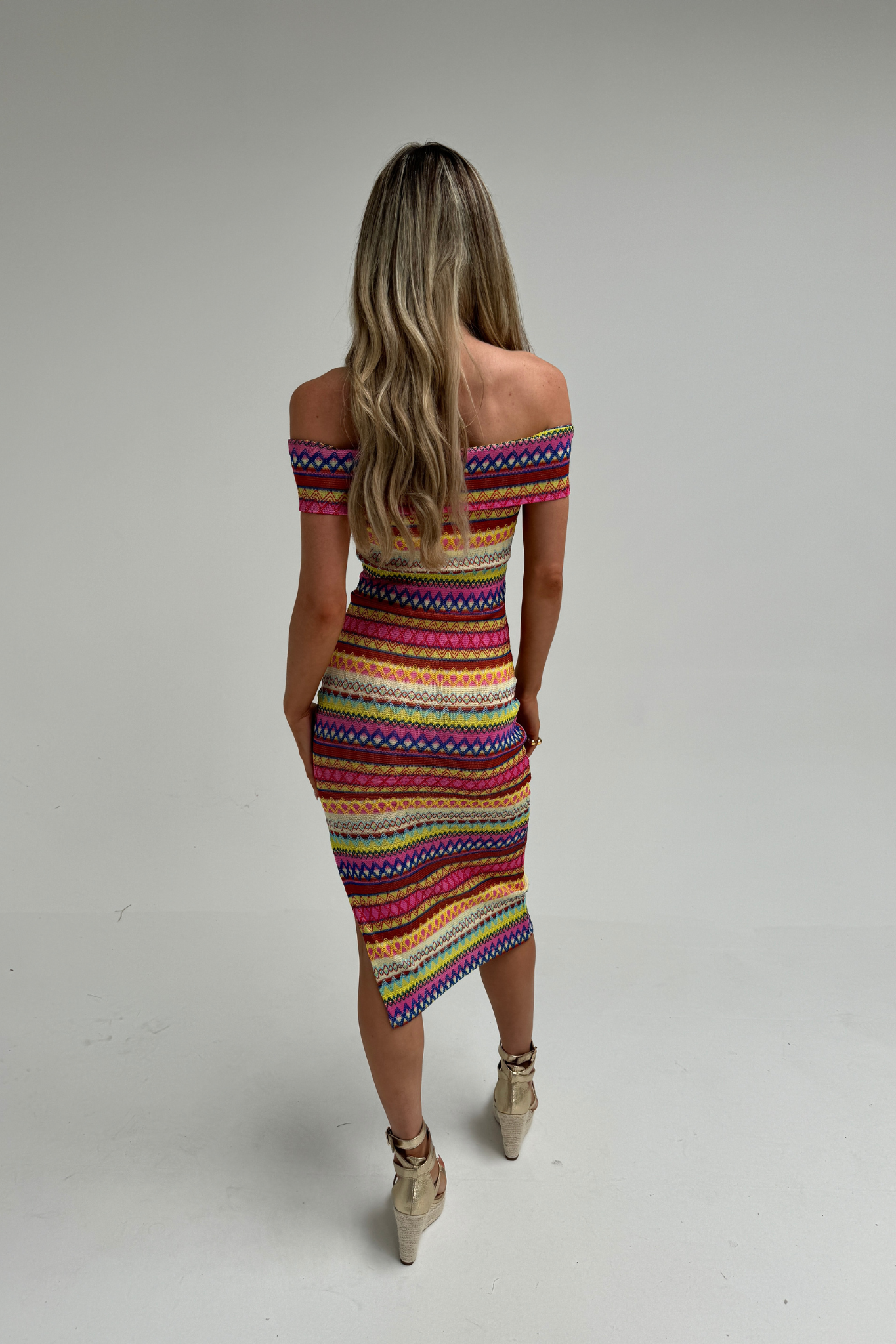 Polly Off Shoulder Stripe Dress In Pink Multi