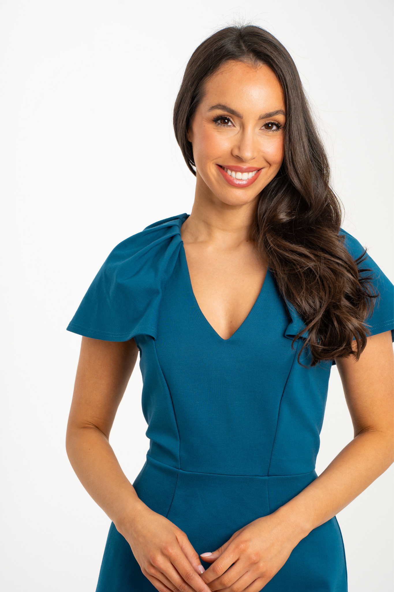 Celine Pleated Shoulder Dress In Teal