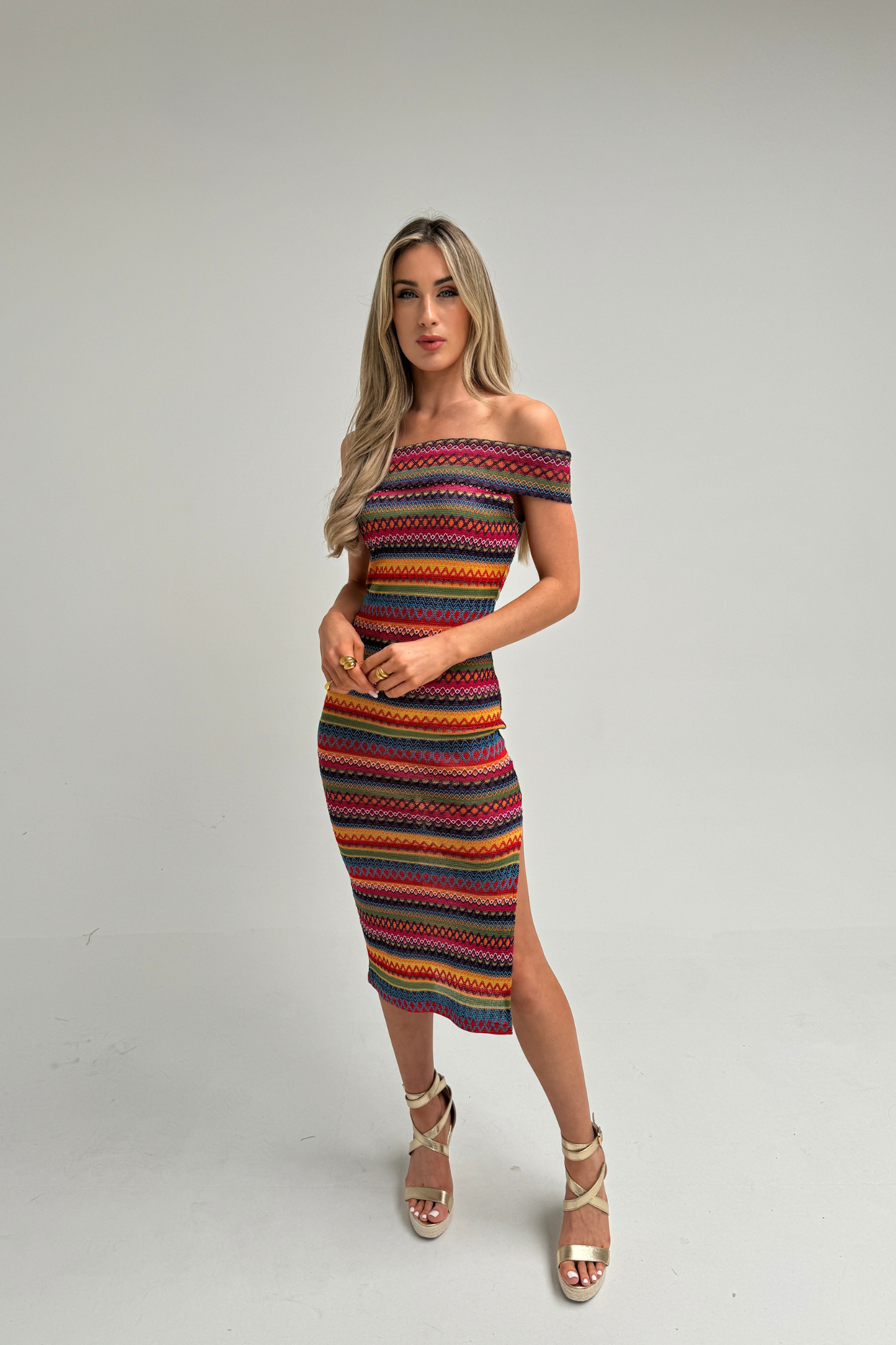 Polly Off Shoulder Stripe Dress In Red Multi