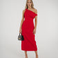 Holly Asymmetric Shoulder Midi Dress In Red