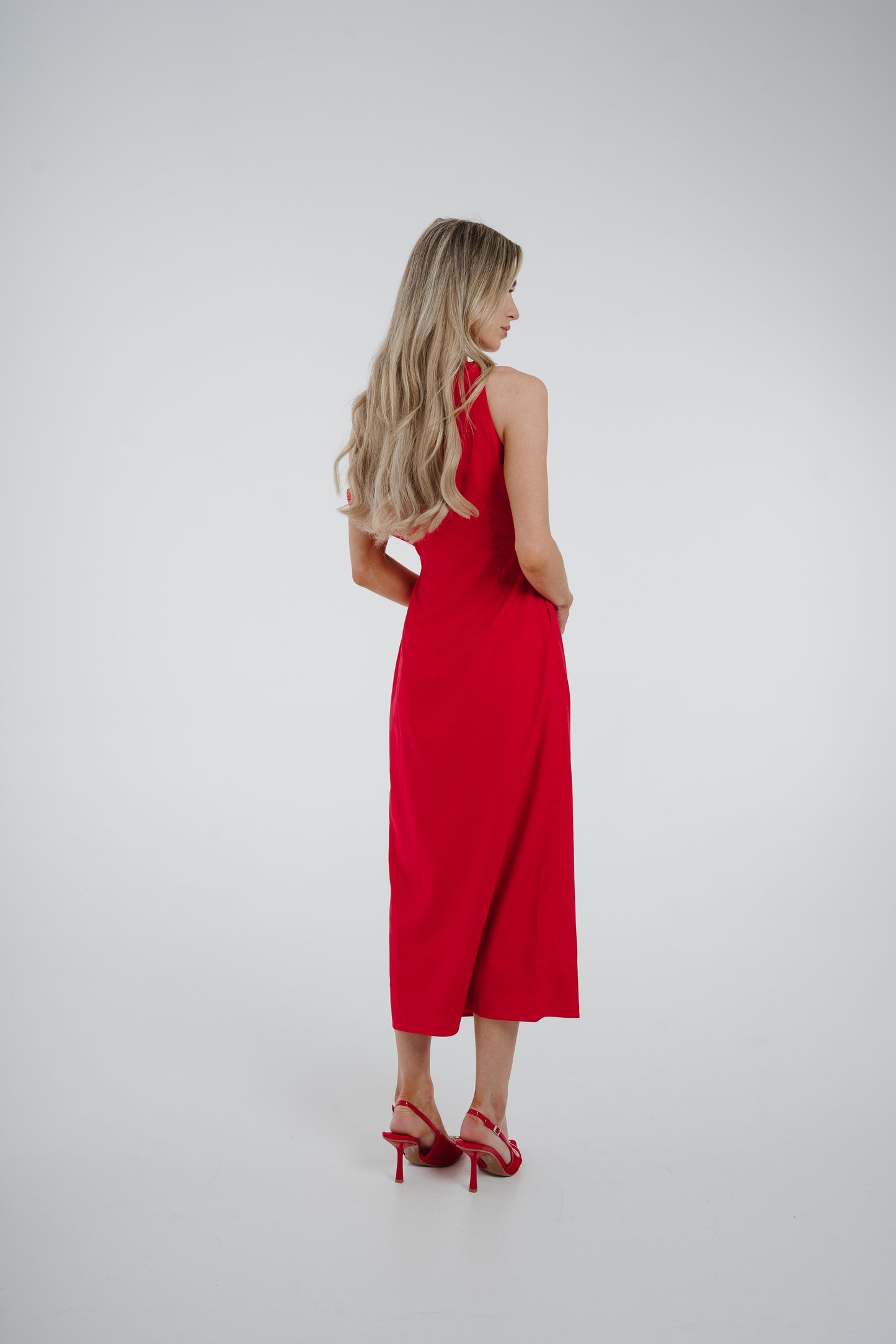 Holly Asymmetric Shoulder Midi Dress In Red