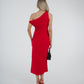 Holly Asymmetric Shoulder Midi Dress In Red