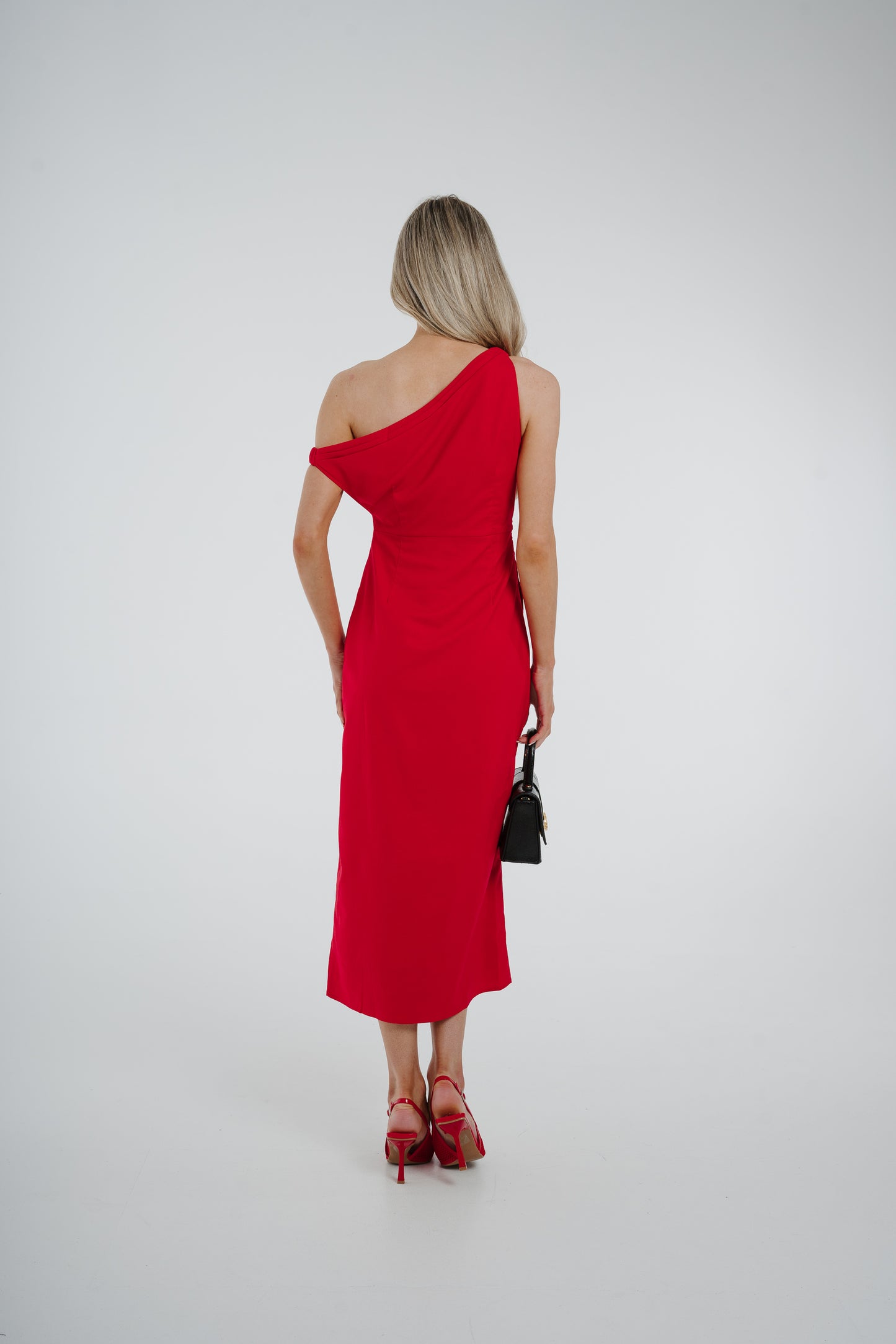 Holly Asymmetric Shoulder Midi Dress In Red