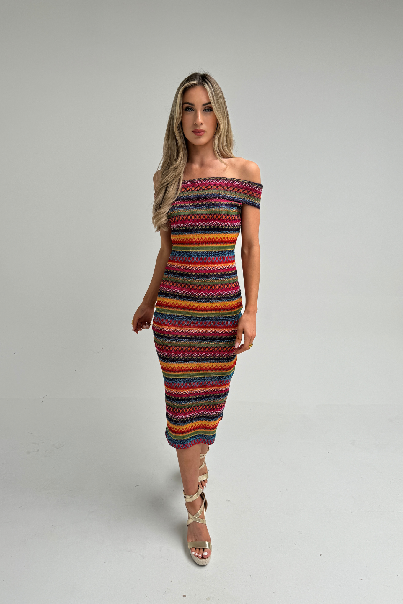 Polly Off Shoulder Stripe Dress In Red Multi