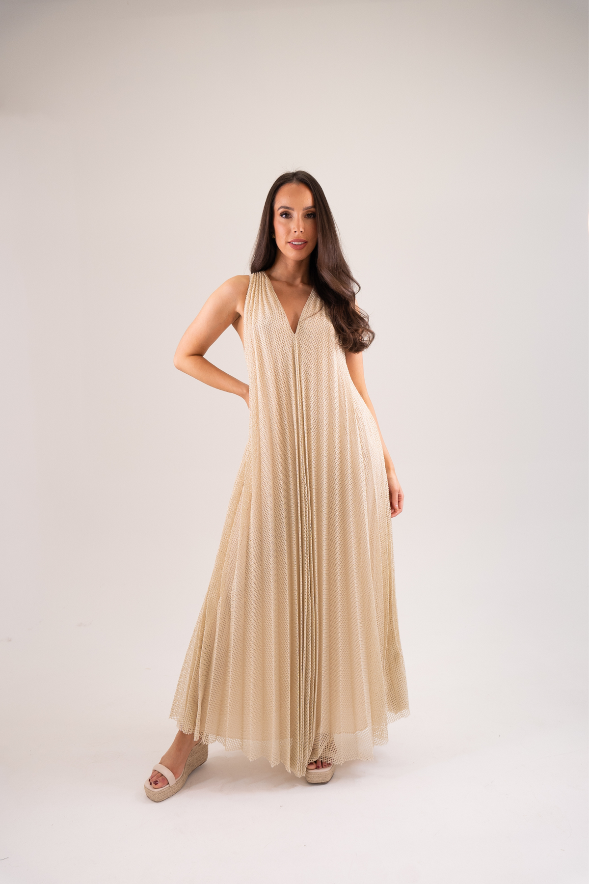 Kayla Pleated Overlay Dress In Neutral